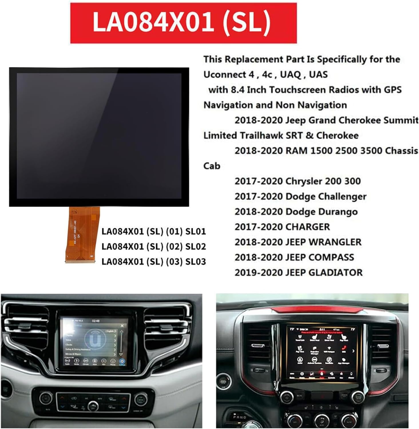 2026 NEW Upgraded Gel-Free 8.4' UConnect 4C UAQ Screen Radio Navigation with Mounting Tool Replacement Compatible Fit for Dodge RAM Jeep Chrysler 2017-2021 Replace OEM # LA084X01(SL)(02)