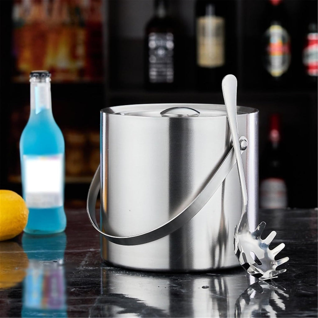 Ice Buckets Black Stainless Steel Double Layer Ice Bucket with Lid for Cocktail Bars, Freezers, and Wine Bar Ice Bucket(XL)