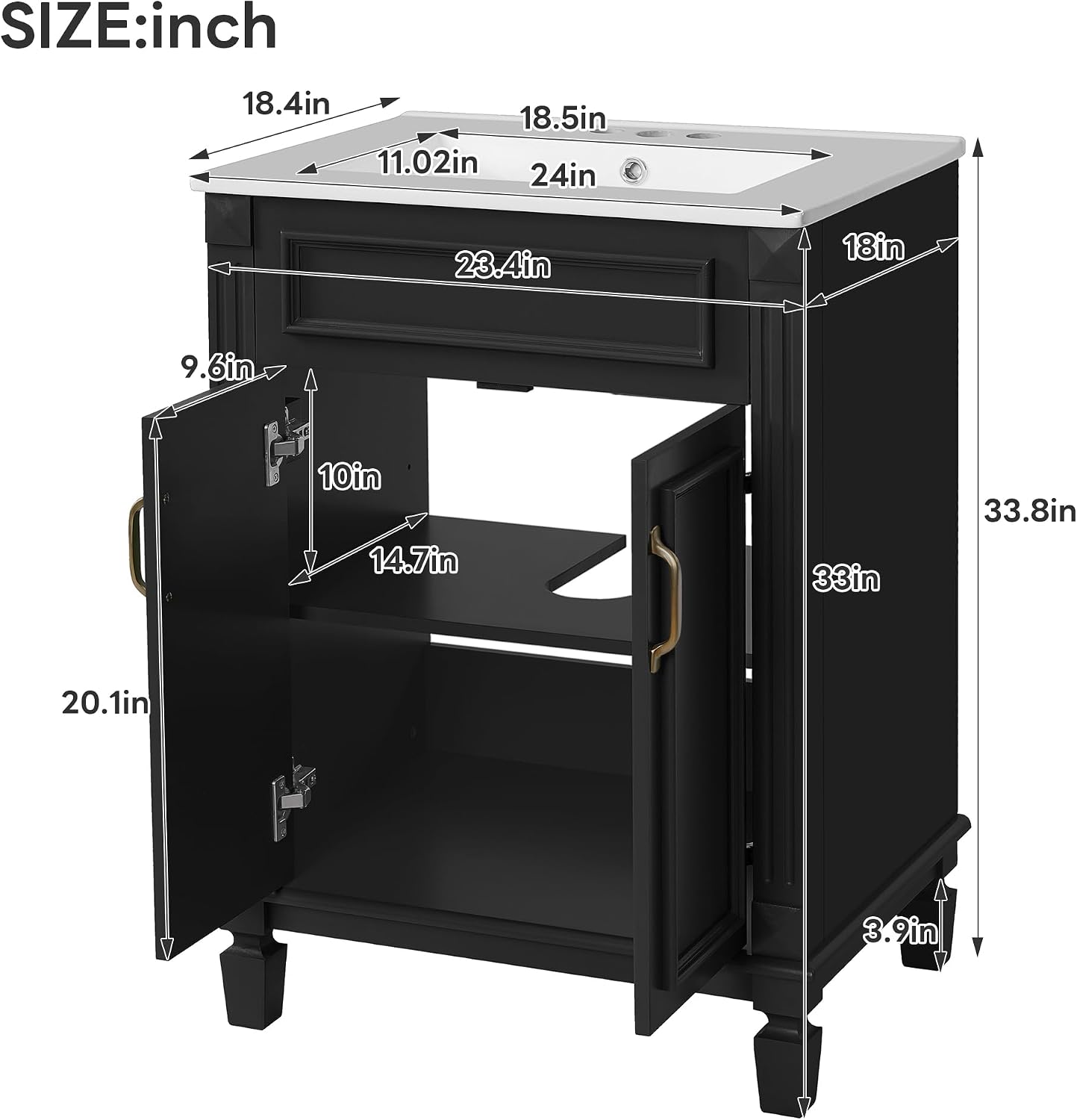 24-inch Bathroom Vanity with Sink Combo, Free-Standing Single Bathroom Storage Cabinet with 2 Soft-Closing Doors and Adjustable Shelf, Wooden Vanity Set with Ceramic Basin for Bathroom (Black)