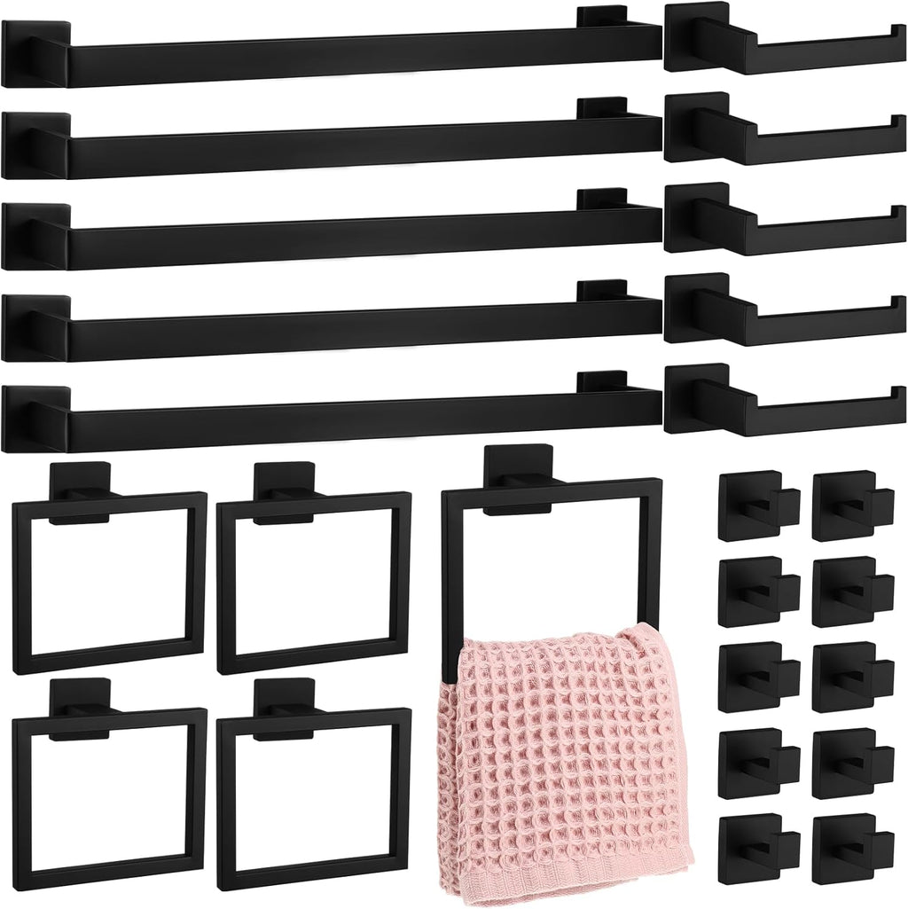 Gisafai 25 Pcs Black Bathroom Hardware Accessories Set 23.6 Inch Bath Towel Bar Kit Stainless Steel Bathroom Hardware Set Towel Racks Ring Robe Hooks Paper Holder for Wall Mounted