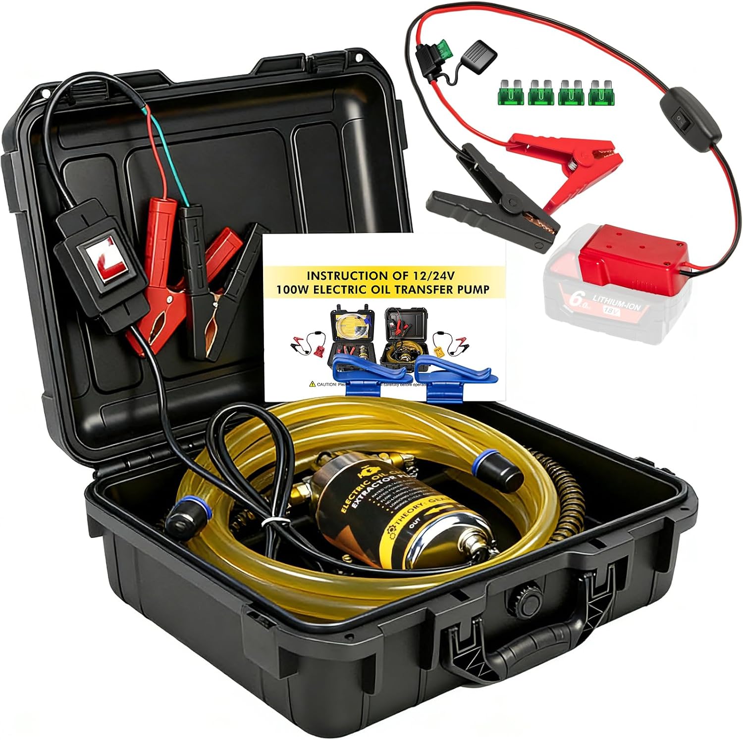 12V/24V 100W Oil Change Pump Set, Fast 1-4L/min Flow Oil Transfer Pump with Red Battery Adapter Compatible with Milwaukee M18 18V Battery, Fluid Transfer for Trucks, Boats, Lawnmowers