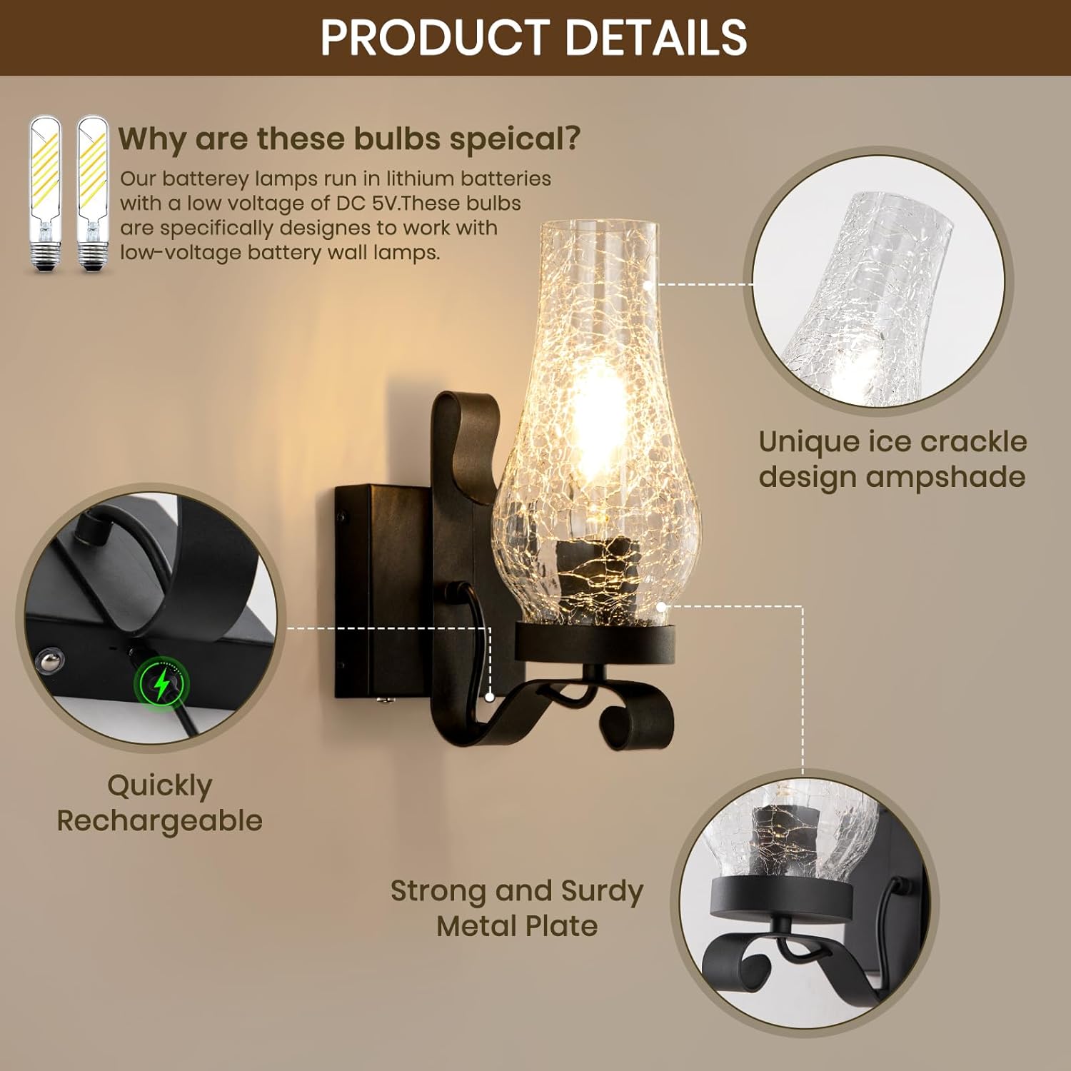 Battery Operated Wall Sconces, Ice Crackle Glass Lampshade Rustic Wall Lights, Non-Hardwired Antique Kerosene Wall Lamps, Vintage Bedside Black Wall Sconces Sets of 2 for Bedroom, Hallway etc