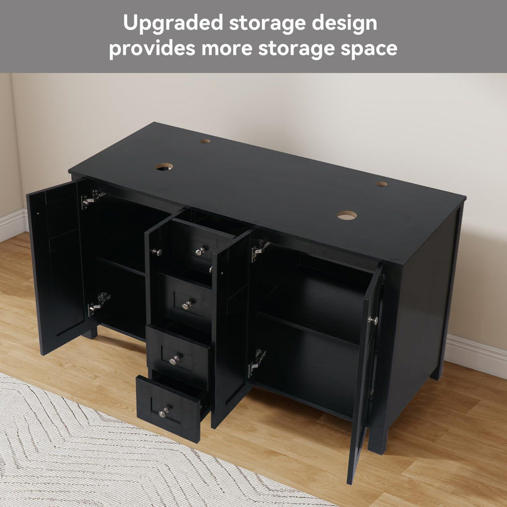 48 Inch Bathroom Vanity with Sink, Traditional Freestanding Black Bathroom Vanity Cabinet with Four Drawers, Pedestal Cabinet with Two Black Ceramic Boat Sinks