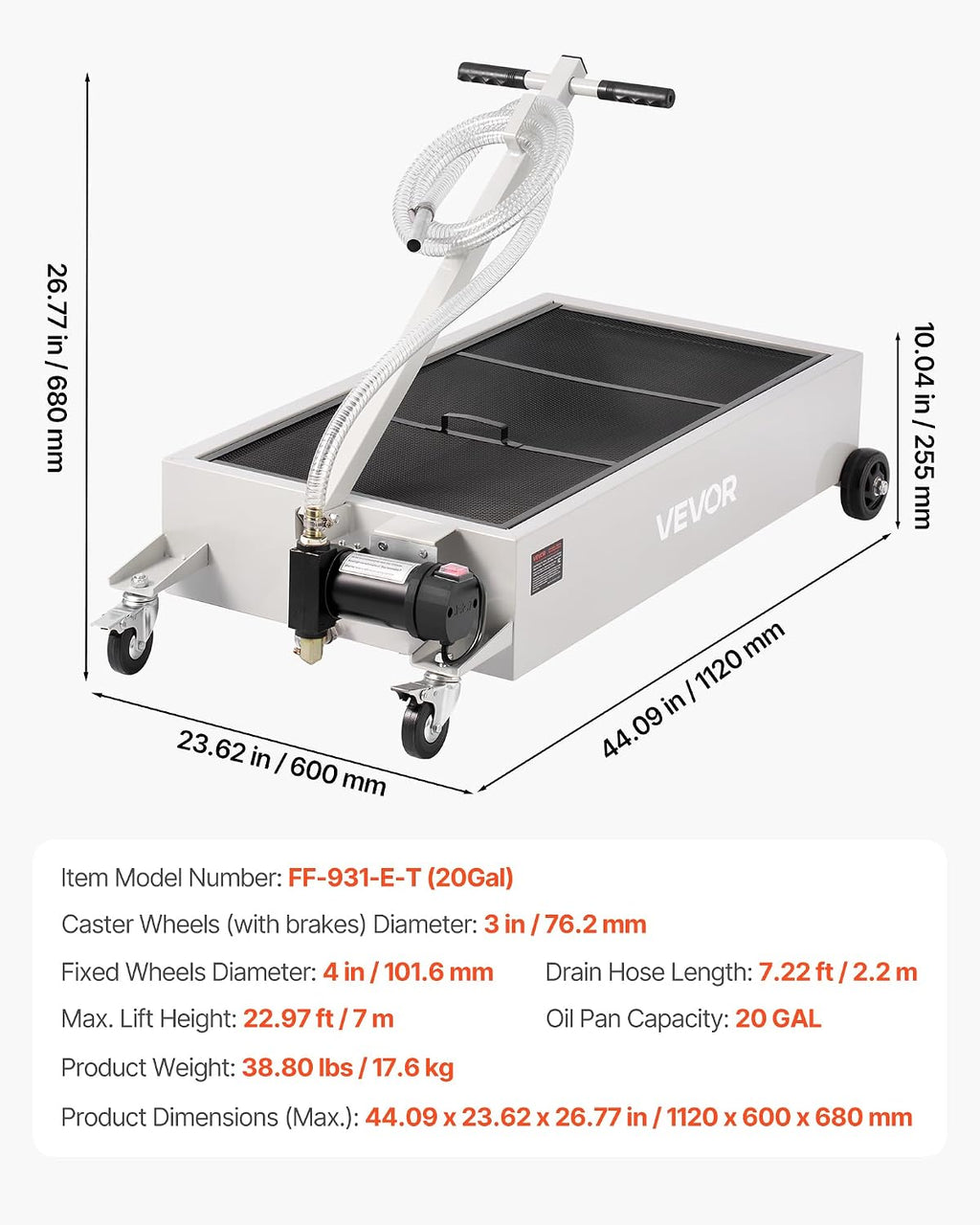 VEVOR Low Profile Electric Oil Drain Pan, 20 Gal Capacity, Rolling Oil Drain Pan with 110V High-Flow Pump, 7.2 ft Hose & T Folding Handle, Leak-proof & Corrosion-resistant, Fit for Trucks, ATVs, White