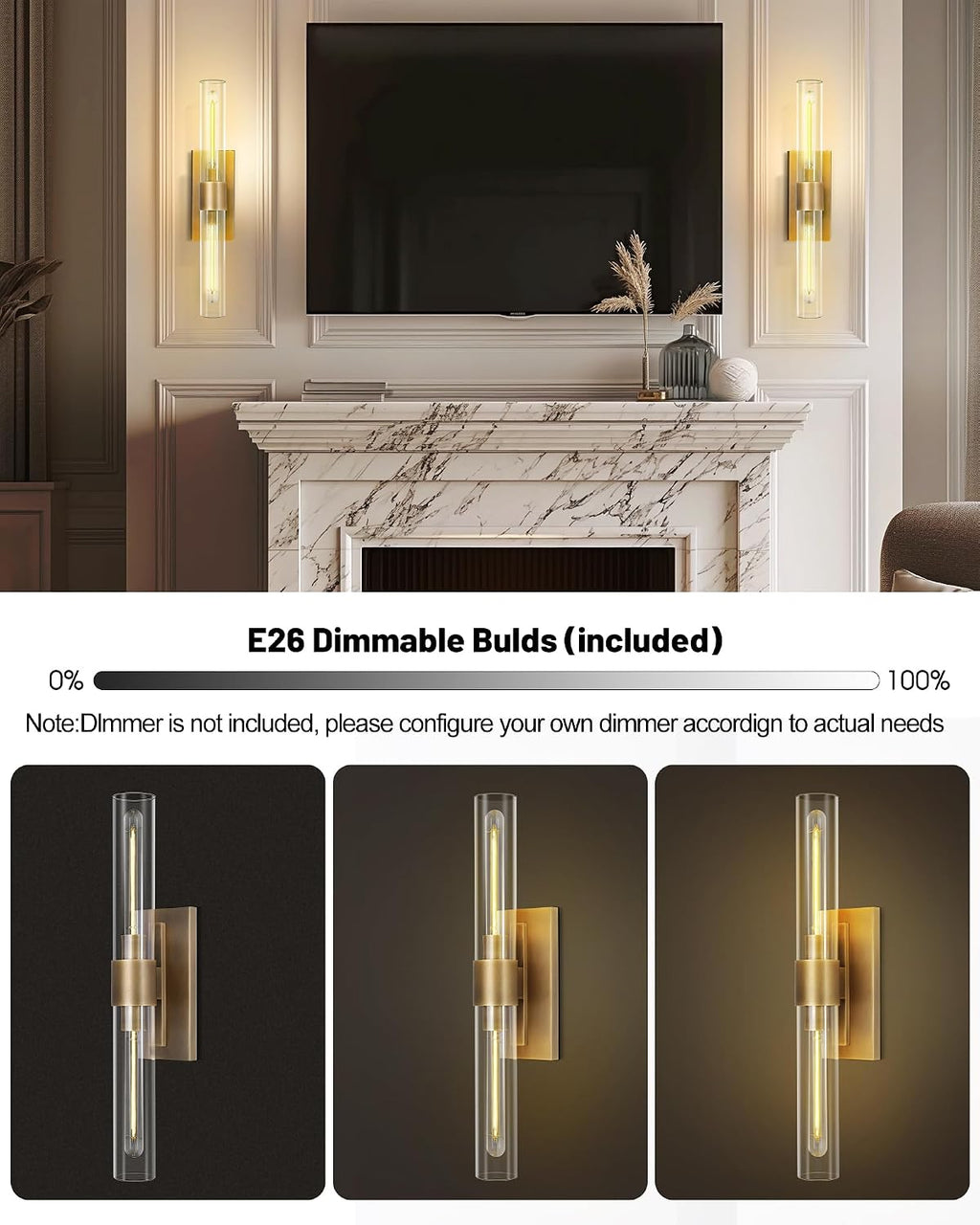 Modern Brass and Glass Wall Sconces, 24' Vanity Lights for Bathroom 2 Lights, Horizontal or Vertical Linear Wall Sconce,Indoor Sconces Wall Lighting,Bathroom Wall Sconce Set of Two