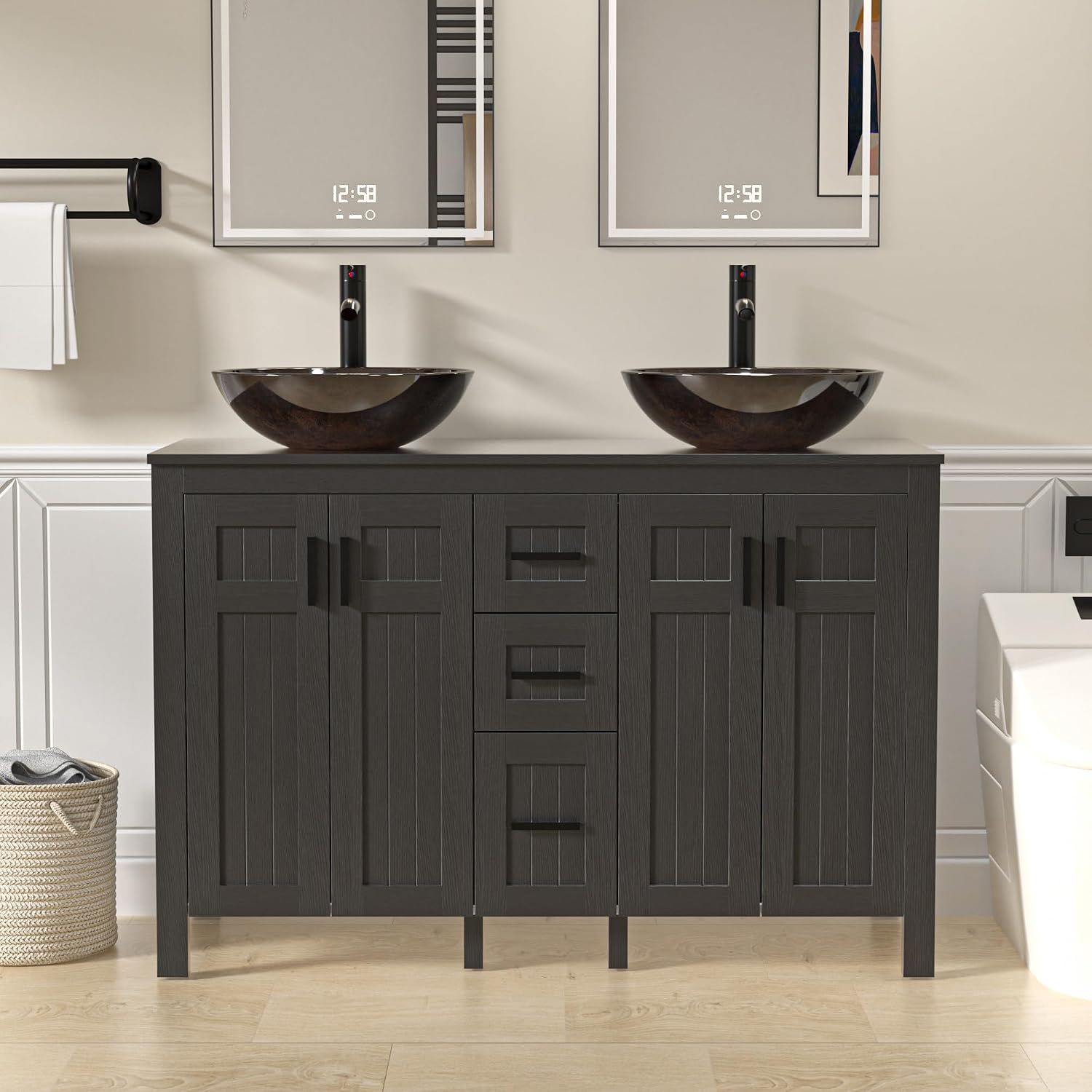 UEV 48' Bathroom Vanity with Sink Combo, Modern Freestanding Sink Cabinet with 3 Drawers, Stylish Bathroom Vanity Cabinet, Grooved Door, Metal Handles,Vessel Sink (Bronze Round Bowl, 48''Black)