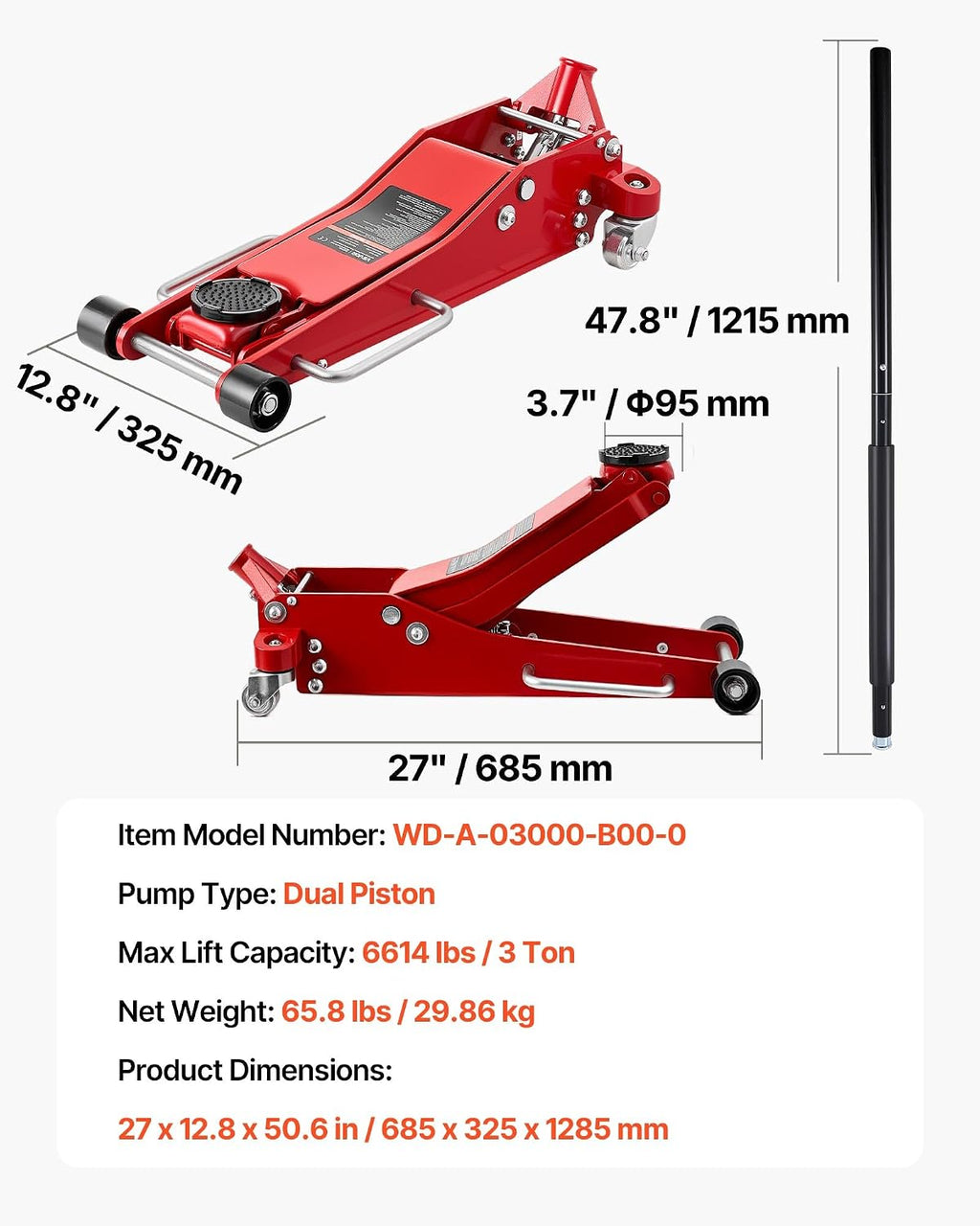 VEVOR Low Profile Floor Jack 3 Ton Aluminum and Steel Racing Floor Jack with Dual Pistons Quick Lift Pump, Hydraulic Trolley Car Lift for Sports Car, SUV, Pickup, Lifting Range 3.3'-20.3'