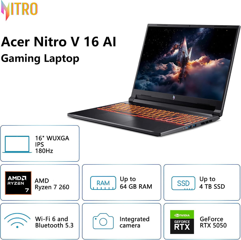 acer Nitro V 16 AI Gaming Laptop | 16' WUXGA IPS 180Hz | AMD 8-Core Ryzen 7 260 | 64GB DDR5 2TB SSD | GeForce RTX 5050 8GB DLSS4 (Up to 440 AI Tops) | Backlit Keyboard Win11 Pro w/DLCA Accessory