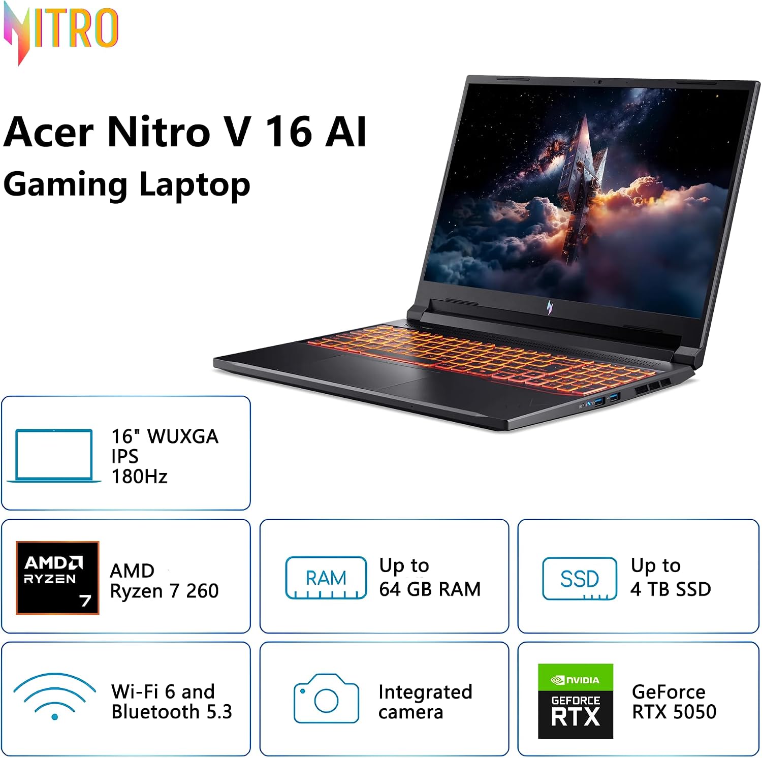 acer Nitro V 16 AI Gaming Laptop | 16' WUXGA IPS 180Hz | AMD 8-Core Ryzen 7 260 | 64GB DDR5 2TB SSD | GeForce RTX 5050 8GB DLSS4 (Up to 440 AI Tops) | Backlit Keyboard Win11 Pro w/DLCA Accessory
