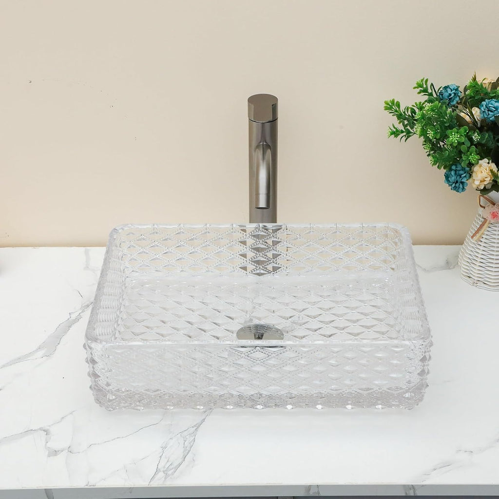 Sarlai Bathroom Vessel Sink Tempered Glass Bowl Vessel Sink with Pop-up Drain Combo 17-1/2x13 Inch Diamond Rectangular Countertop Bathroom Sink Basin