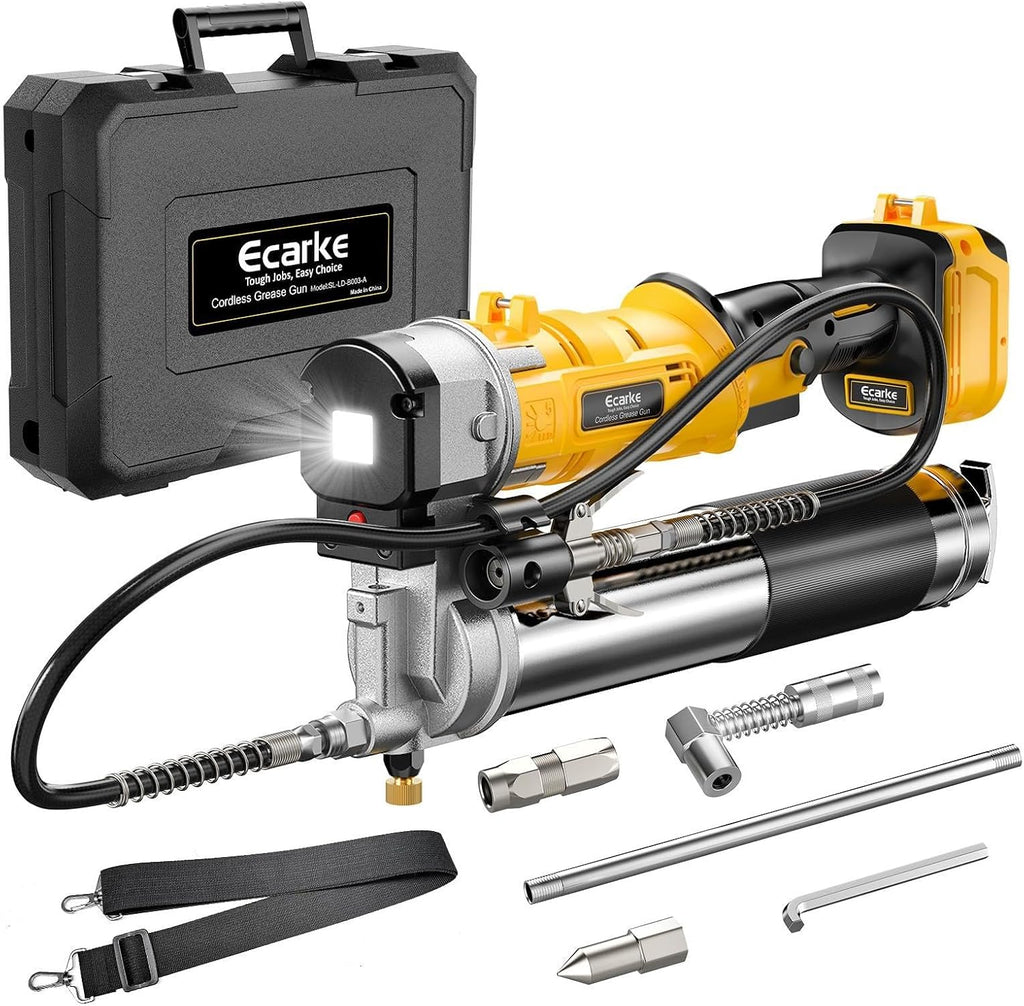 Ecarke Cordless Grease Gun Compatible with DeWalt 20V Battery, 12000PSI Max Electric Grease Gun, Dual Pistol & in-Line Grip, Works with Bulk & Cartridge Grease, with 39' Hose & 4 Couplers (Tool Only)