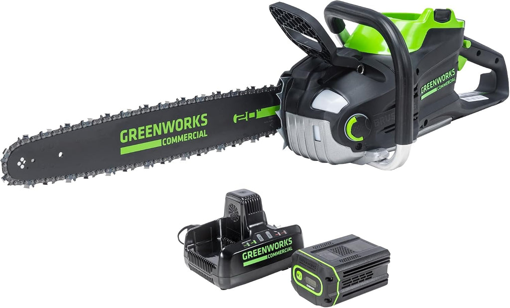 Greenworks 82V 20' Brushless (3.4 kW) Cordless Chainsaw (205 Cuts Per Charge), 4.0Ah Battery and Dual Port Rapid Charger (Great For Landscapers and Professionals)
