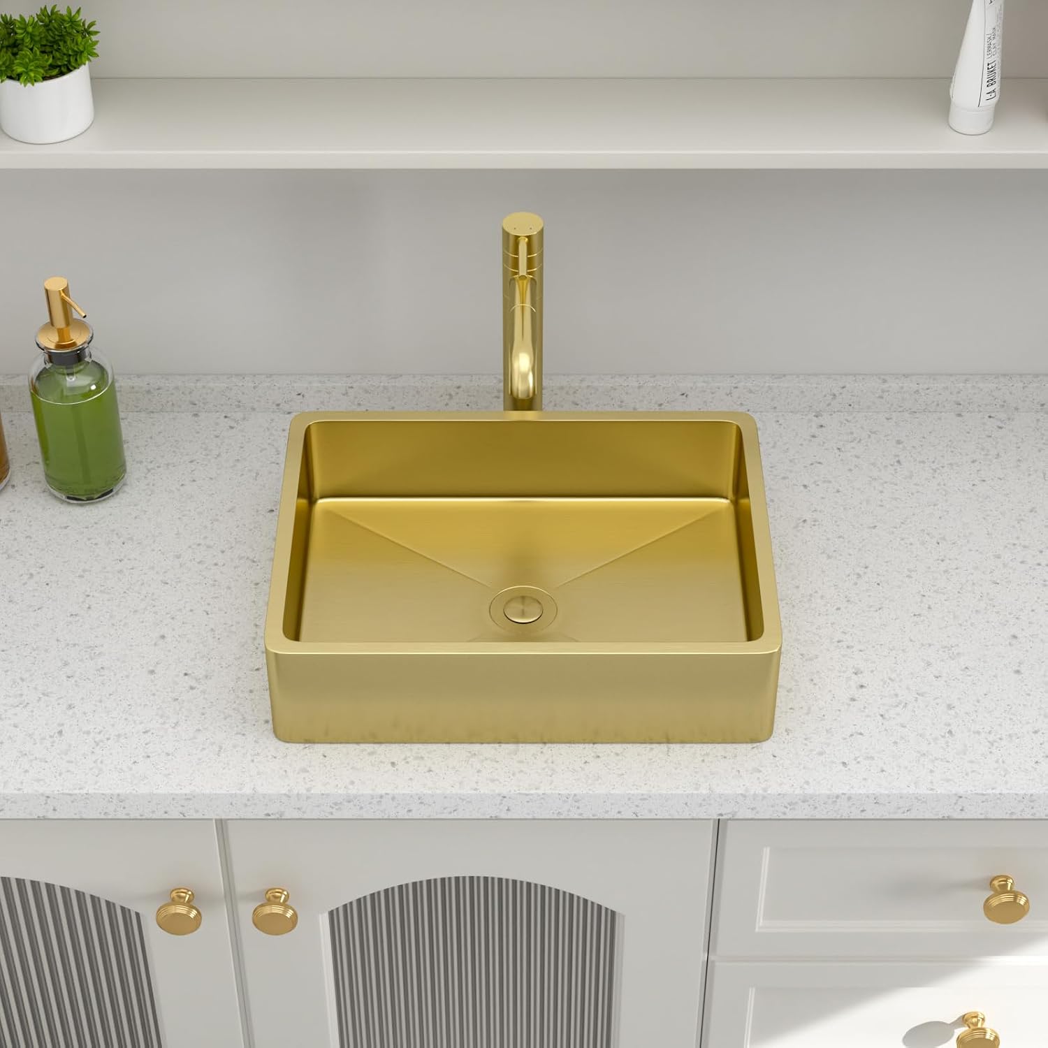 Logmey 16' Gold Shallow Bathroom Vessel Sink 16x12 Small Handmade 16 Gauge Stainless Steel Above Counter 4' Deep RV Bathroom Sink Rectangle Vessel Sinks with Pop up Drain Set