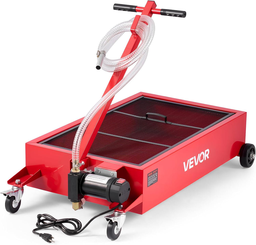 VEVOR Low Profile Oil Drain Pan, 17 Gal Capacity, Rolling Oil Drain Pan with 110V High-Flow Electric Pump, 7.2 ft Hose & T Folding Handle, Leak-Proof & Corrosion-Resistant, Fit for Trucks, ATVs, Red