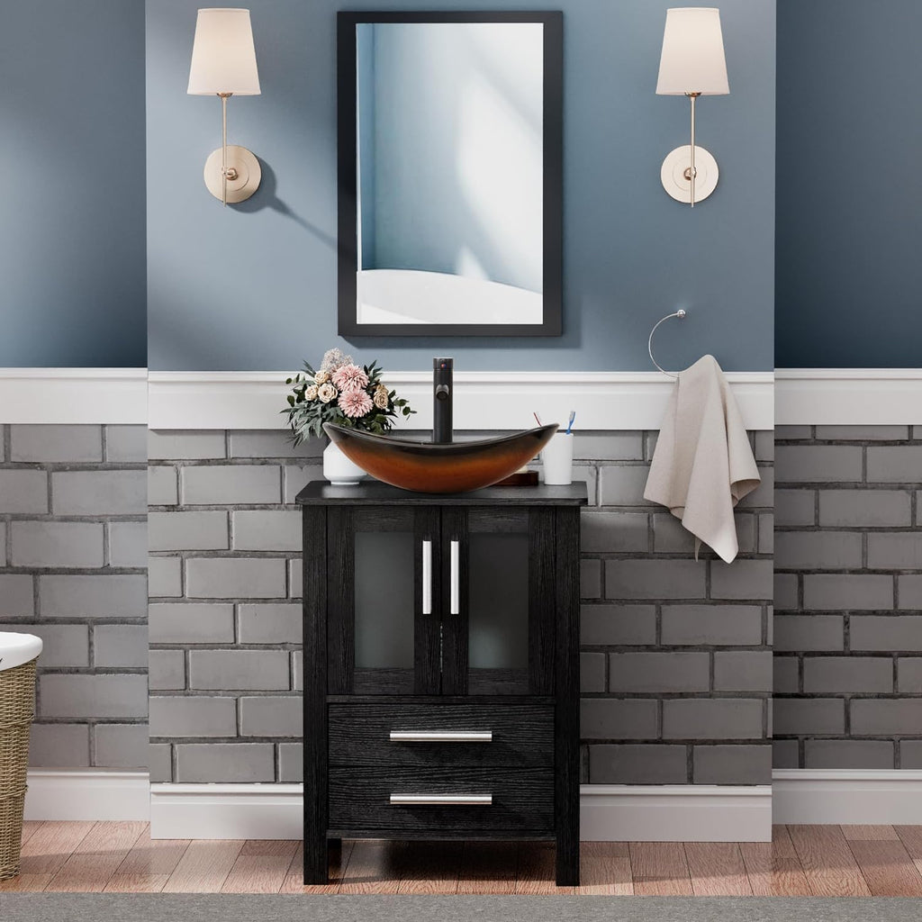 UEV 24' Black Bathroom Vanity with Vessel Sink,Modern Bathroom Vanity Cabinet, Faucet Sink Bowl,Pop Up Drain Included,Modern Brown Boat Tempered Glass Vessel Sink,Mirror Not Included(029BR-new)