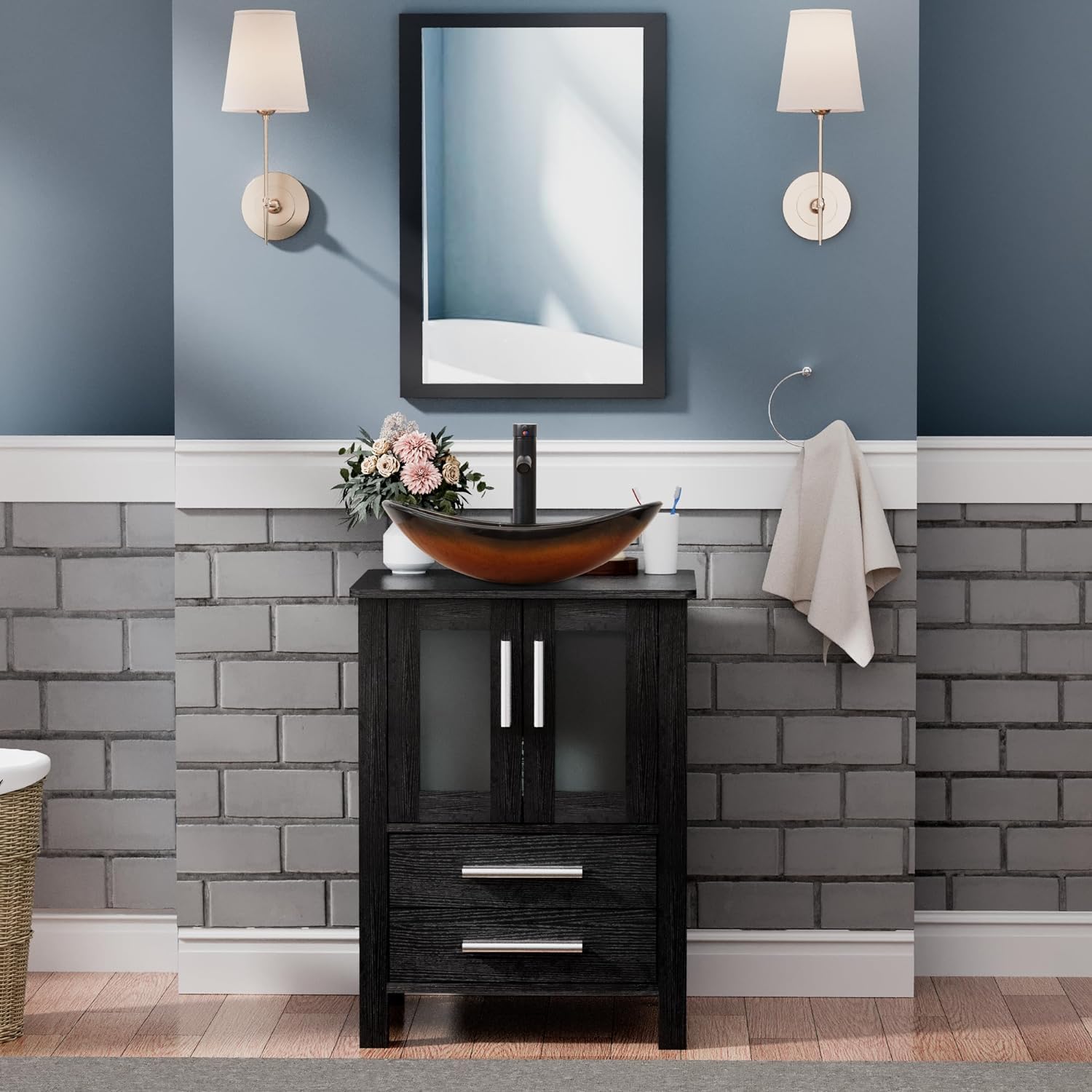UEV 24' Black Bathroom Vanity with Vessel Sink,Modern Bathroom Vanity Cabinet, Faucet Sink Bowl,Pop Up Drain Included,Modern Brown Boat Tempered Glass Vessel Sink,Mirror Not Included(029BR-new)