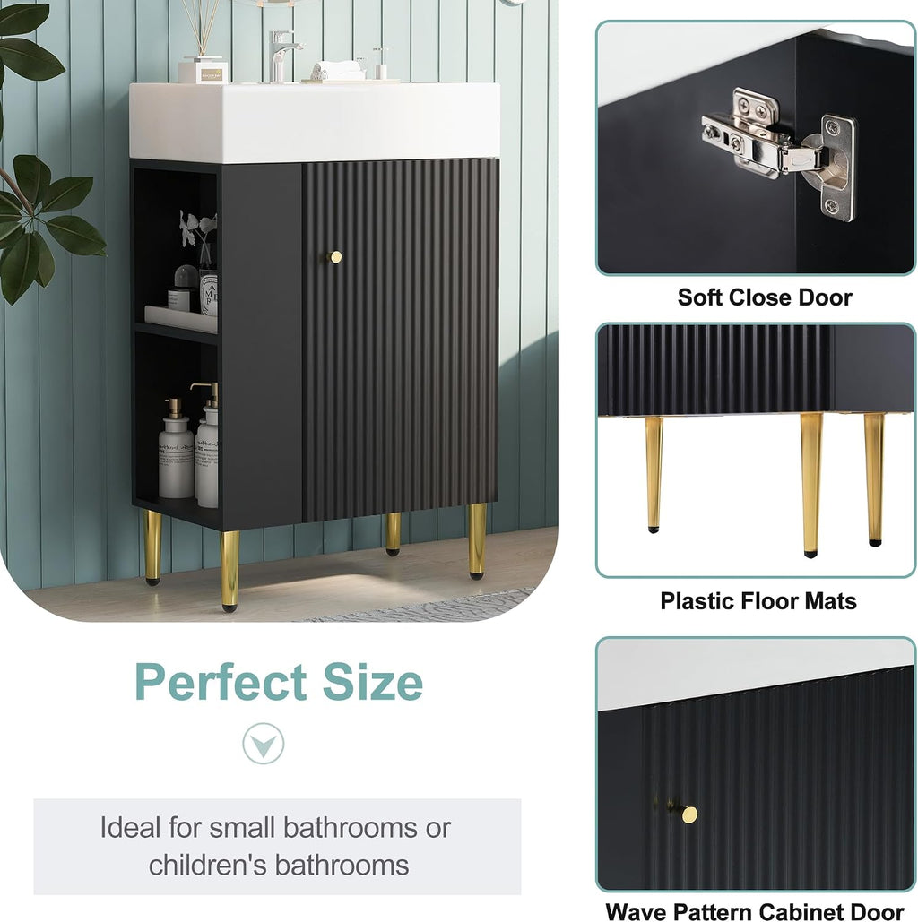 21.6-Inch Bathroom Vanity with Sink, Free Standing Vanity Cabinet with Storage Cabinet & Left Two-Tier Shelf, Solid Wood Bath Vanity Organizer with Ceramic Sink for Bathroom, Black
