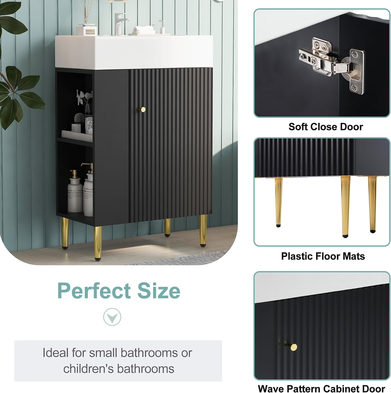 21.6-Inch Bathroom Vanity with Sink, Free Standing Vanity Cabinet with Storage Cabinet & Left Two-Tier Shelf, Solid Wood Bath Vanity Organizer with Ceramic Sink for Bathroom, Black