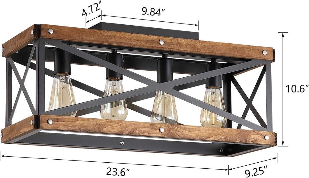 4-Light Large Rustic Farmhouse Wood Flush Mount Ceiling Light Fixture 23.6 inch Oak Wood and Metal Rectangular Track Semi Flush Mount Ceiling Light for Kitchen Living Room Bedroom Indoor, Black