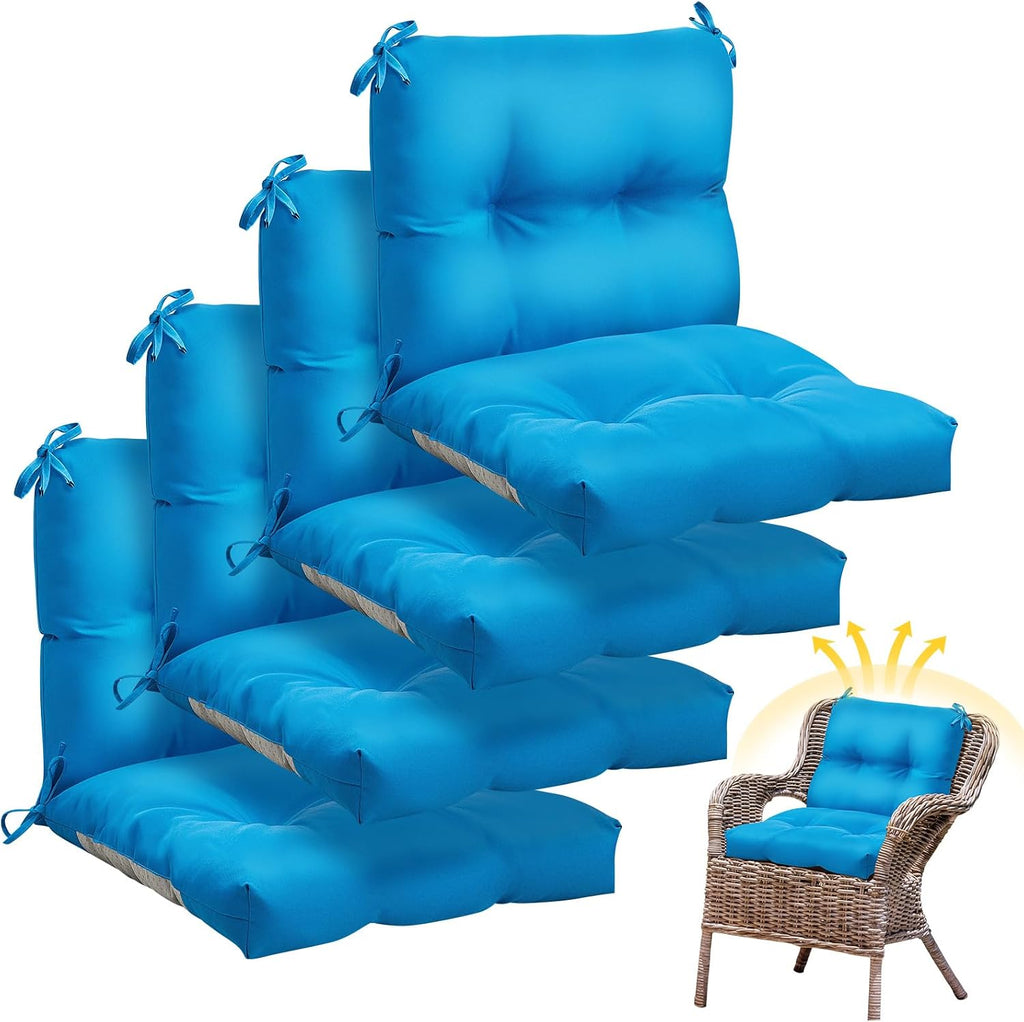 Geetery Outdoor Chair Cushions Set of 4 High Back Patio Furniture Replacement Seat Pads with Ties 42x21x4' for Lawn Porch Wicker Rocking Dining Chairs Weather Resistant Fade Resistant(Blue)
