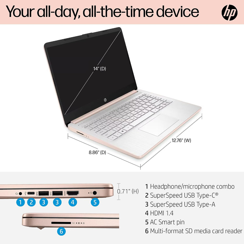 HP Flagship 14' Laptop Computer for 2026 Student Business, Win 11 Pro, Copilot AI, Intel CPU Up to 2.8GHz, 8GB RAM, 628GB Storage (128GB SSD+500GB Ext), Wi-Fi 6, HubxcelAccessory, MS Office, Rose Gold