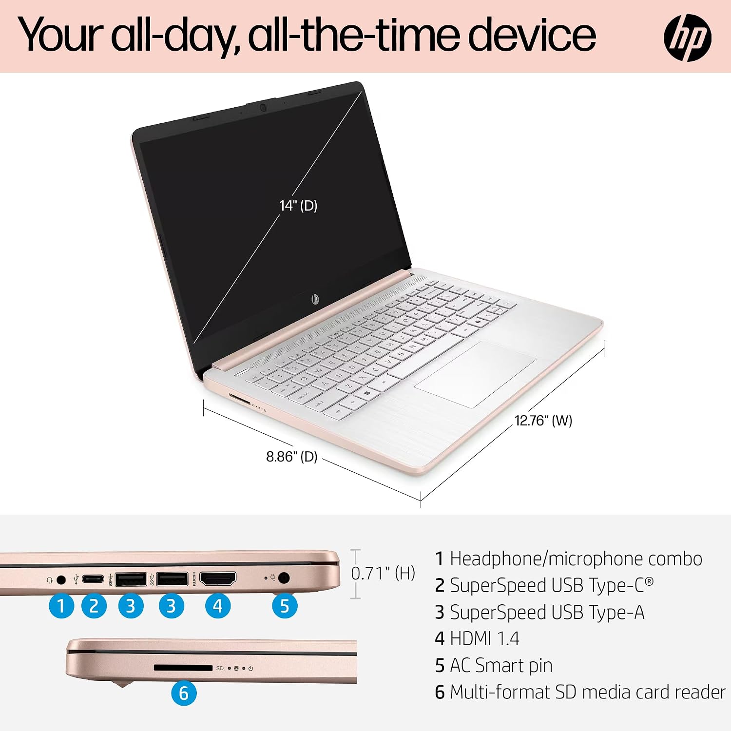 HP Flagship 14' Laptop Computer for 2026 Student Business, Win 11 Pro, Copilot AI, Intel CPU Up to 2.8GHz, 8GB RAM, 628GB Storage (128GB SSD+500GB Ext), Wi-Fi 6, HubxcelAccessory, MS Office, Rose Gold