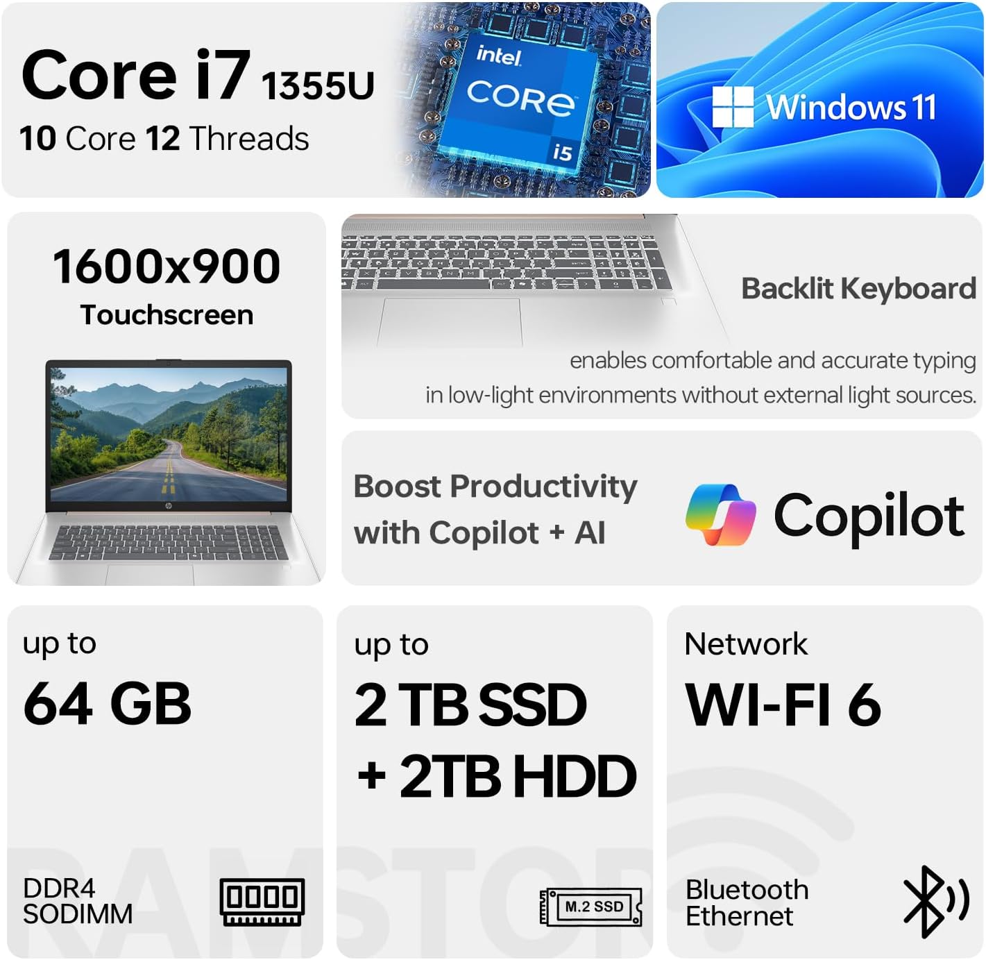 HP 17.3' Touchscreen Laptop, Intel Core i7-1355U, Pale Rose Gold, 64GB RAM, 2TB SSD, Webcam, Backlit Keyboard, Fingerprint Reader, Wi-Fi 6, Windows 11 Home, Bundle with PCO Laptop Cooler