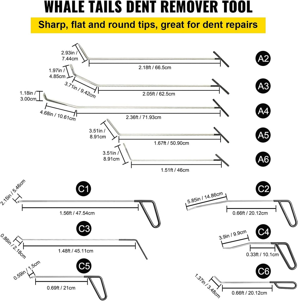 VEVOR Rods Dent Removal Kit, 21 Pcs Paintless Dent Repair Rods, Stainless Steel Dent Rods, Whale Tail Dent Repair Tools, Professional Hail Dent Removal Tool For Minor Dents, Door Dings And Hail Damage
