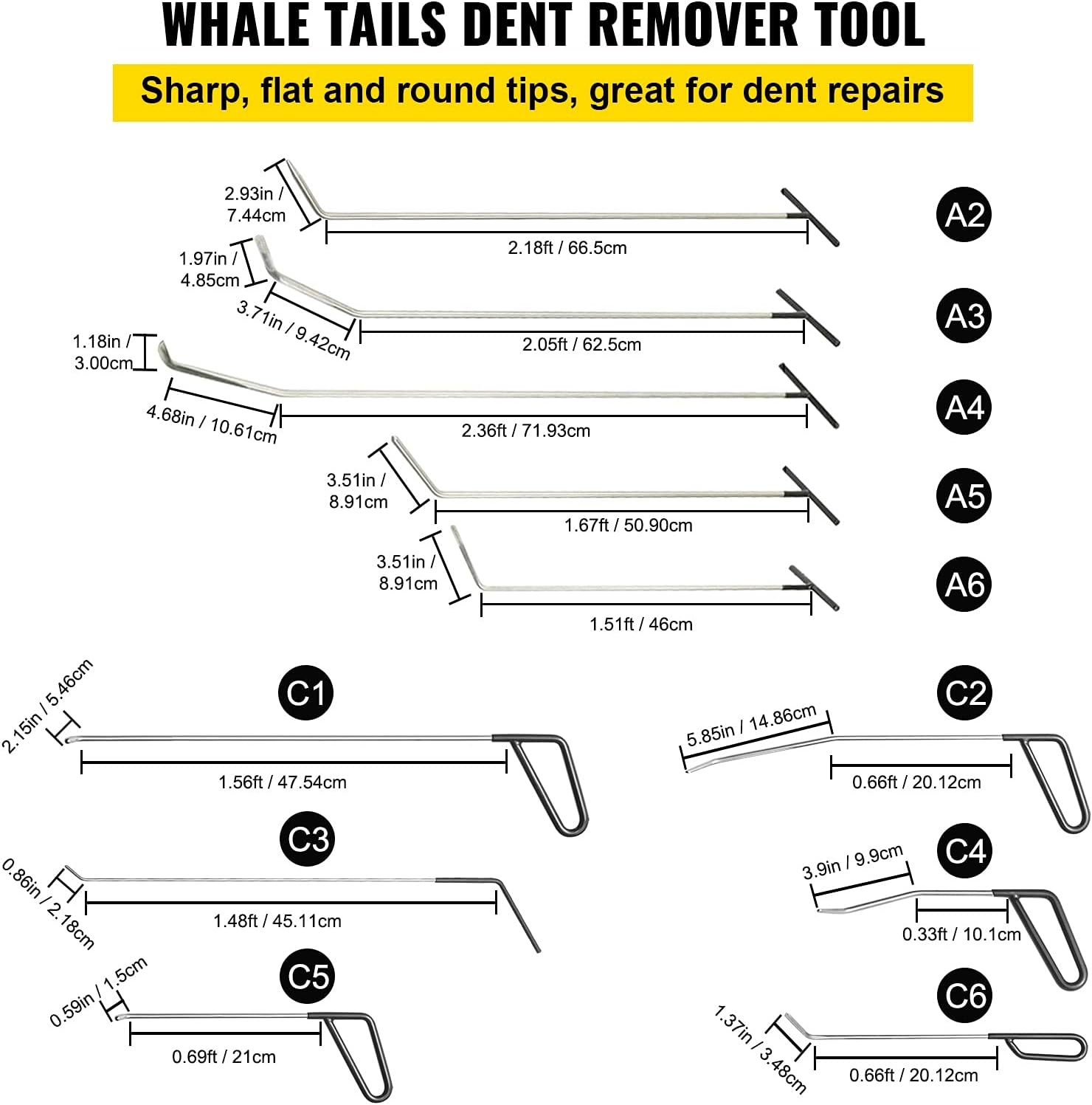 VEVOR Rods Dent Removal Kit, 21 Pcs Paintless Dent Repair Rods, Stainless Steel Dent Rods, Whale Tail Dent Repair Tools, Professional Hail Dent Removal Tool For Minor Dents, Door Dings And Hail Damage