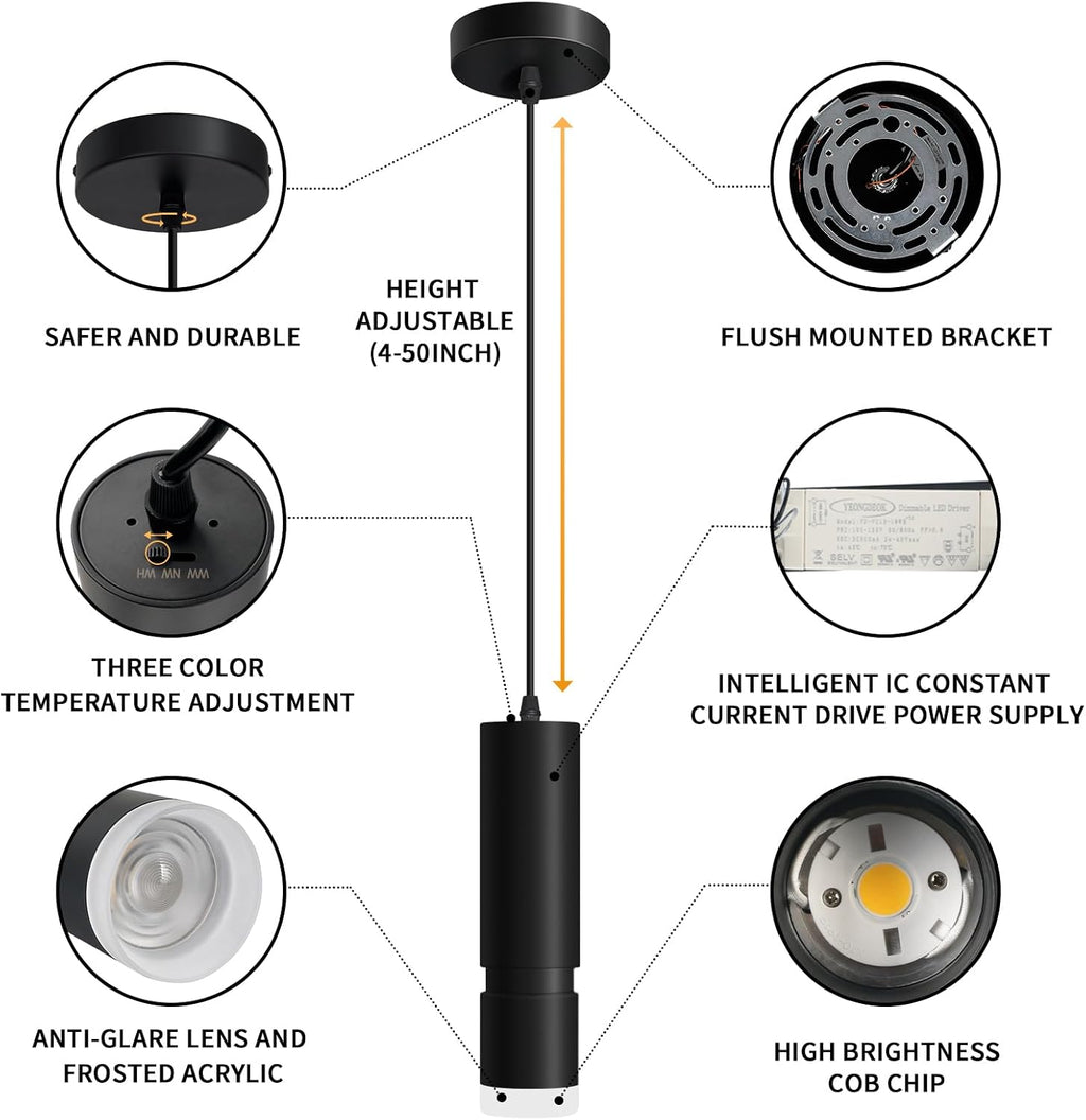 OKELI Pendant Lights, Modern Black Pendant Lights Fixture,3-CCT Unique Adjustable Focus LED Pendant Lighting for Kitchen Island,20W,2700/4000k/6000K, ETL(3Pack)