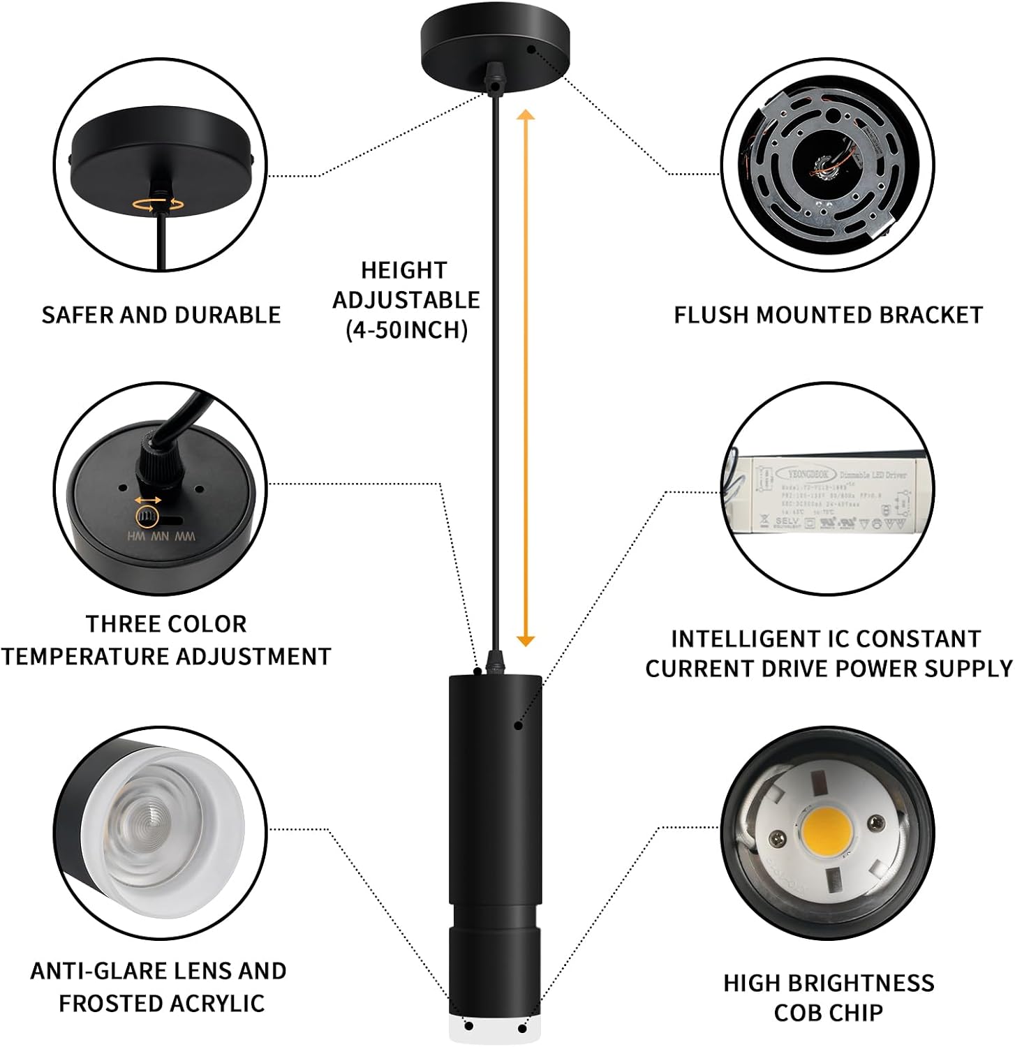 OKELI Pendant Lights, Modern Black Pendant Lights Fixture,3-CCT Unique Adjustable Focus LED Pendant Lighting for Kitchen Island,20W,2700/4000k/6000K, ETL(3Pack)