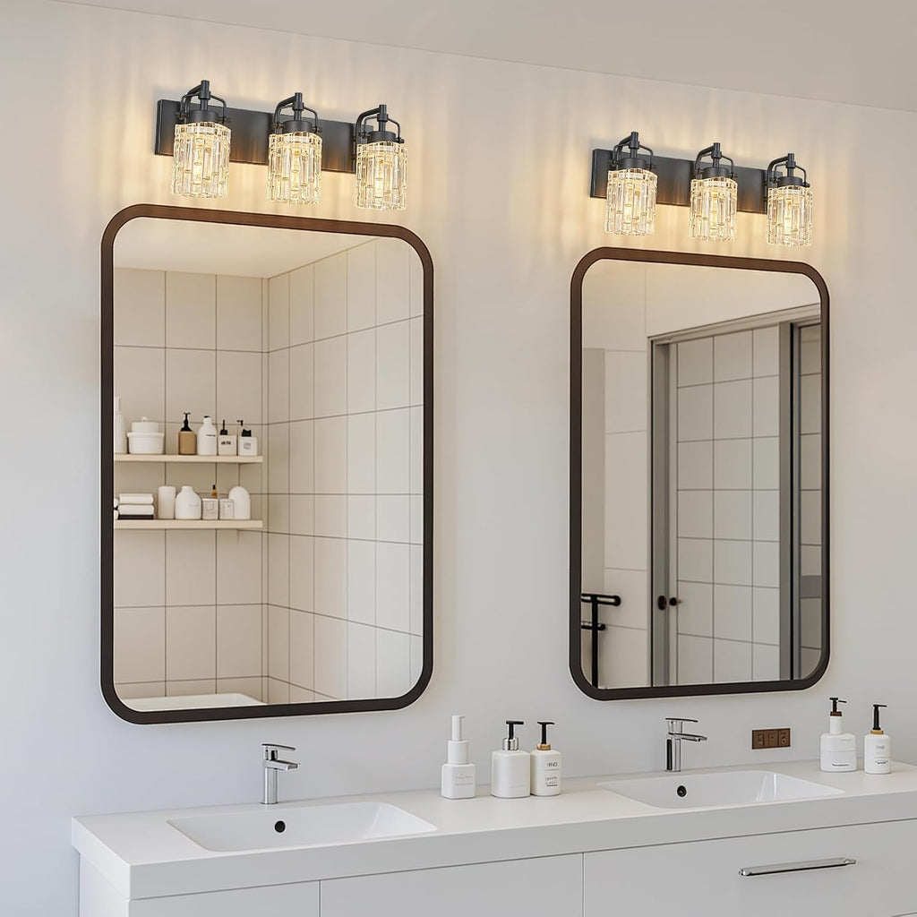 3 Light Crystal Glass Vanity Light, Black Bathroom Lighting Fixtures Over Mirror Modern Bath Wall Sconce Lighting for Bedroom Living Room