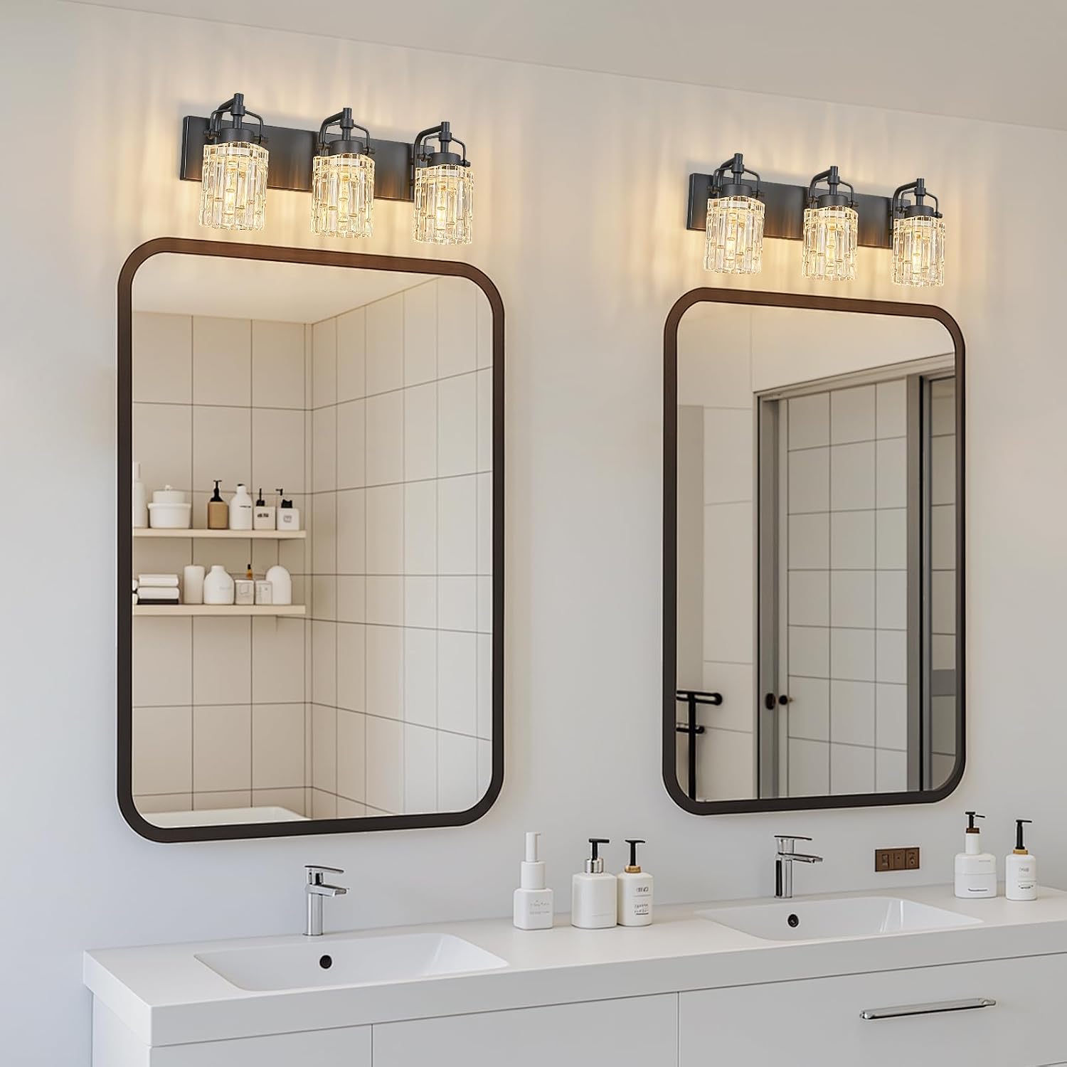 3 Light Crystal Glass Vanity Light, Black Bathroom Lighting Fixtures Over Mirror Modern Bath Wall Sconce Lighting for Bedroom Living Room