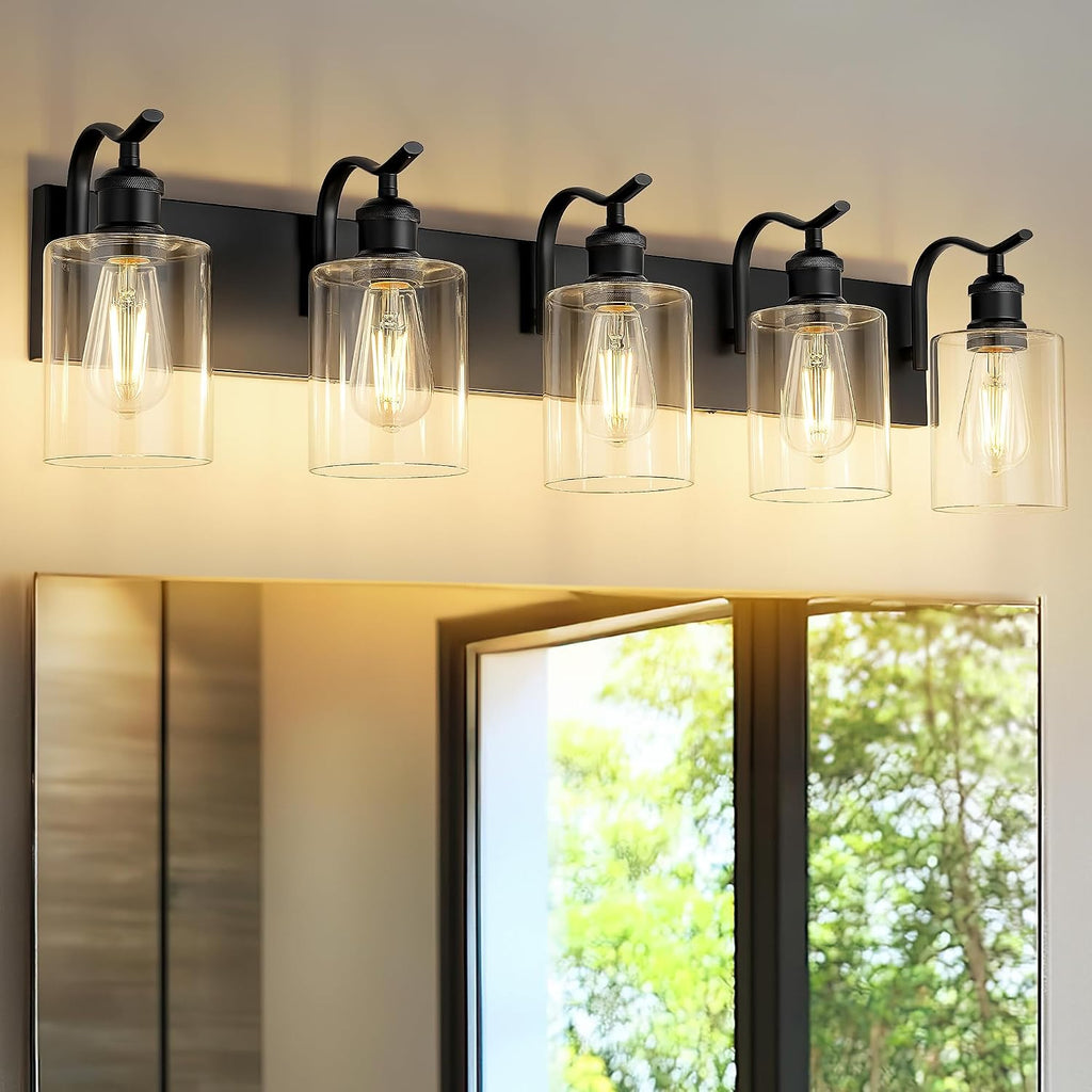 5 Light Bathroom Vanity Light, Black Light Fixture Morden Bathroom Lighting Fixtures Over Mirror Black Wall Sconces with Clear Glass Shade ZCVL01BK-5