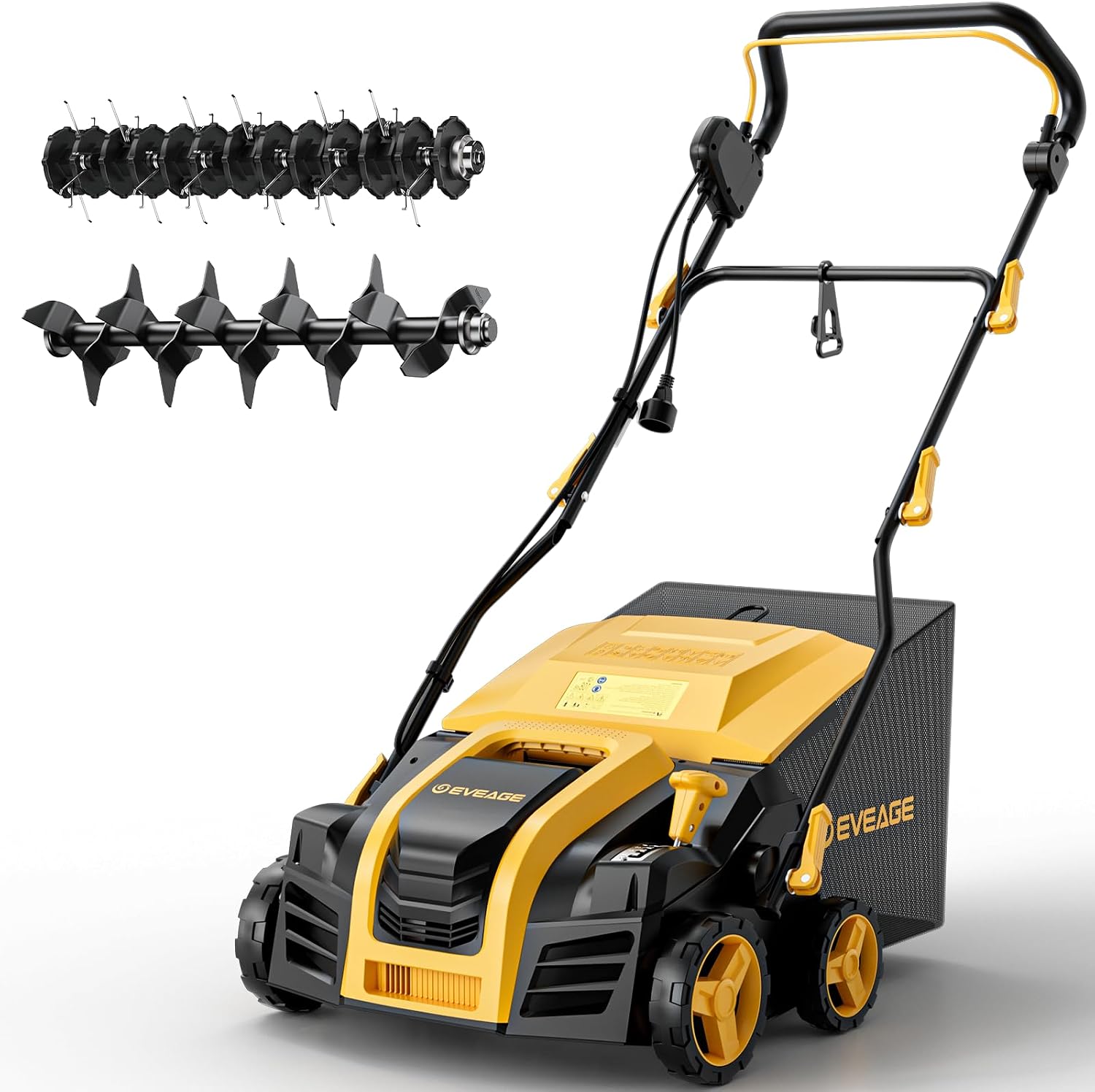 EVEAGE 16-Inch 15 Amp Electric Dethatcher & Scarifier, 2-in 1 Thatcher for Lawn with 5-Position Depth Adjustment, 14.5gal Collection Bag, Increases Lawn Health