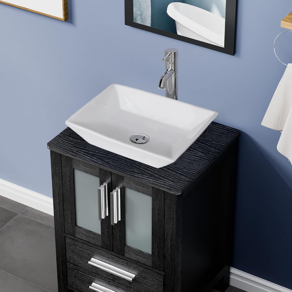 UEV 24' Black Bathroom Vanity with Ceramic Vessel Sink, Modern Bathroom Vanity Cabinet, Pop Up Drain and 30% Water-Saving Design, Faucet, Soft Closing Drawers/Doors, Mirror Not Included(A07)