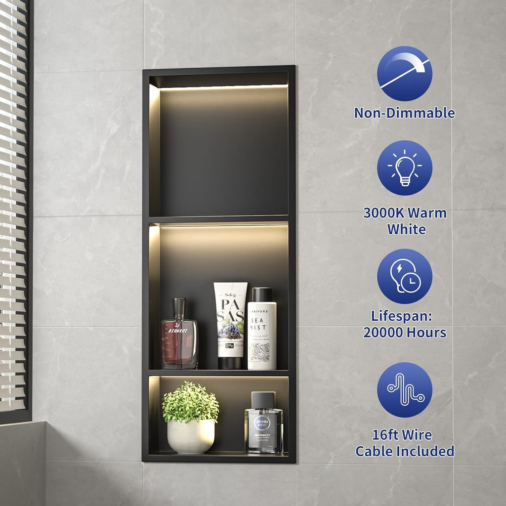Stainless Steel Led Shower Niche Black 30' X 12' No Tile Needed | Recessed niche matte black w/ 3-tier shelf,Led driver UL listed,vertical niche,non-dimmable,3000K warm light IP66 waterproof