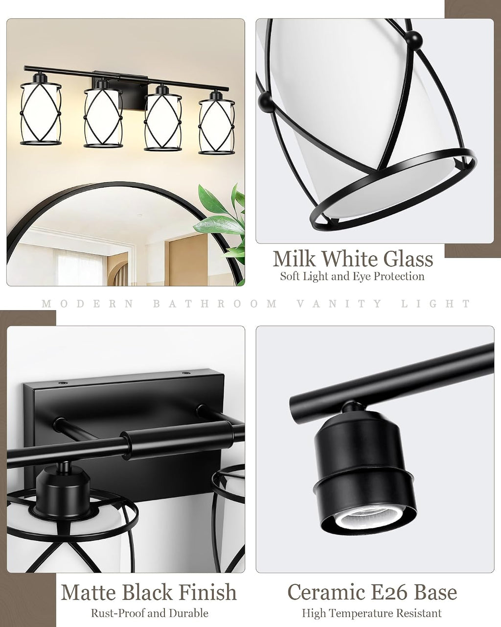 4-Light Black Bathroom Light Fixtures with Milk White Frosted Glass, 29' Modern Bathroom Vanity Lighting Fixtures Over Mirror with Metal Cage, Wall Sconce Lights for Bath, E26, CH9176BKW-4W
