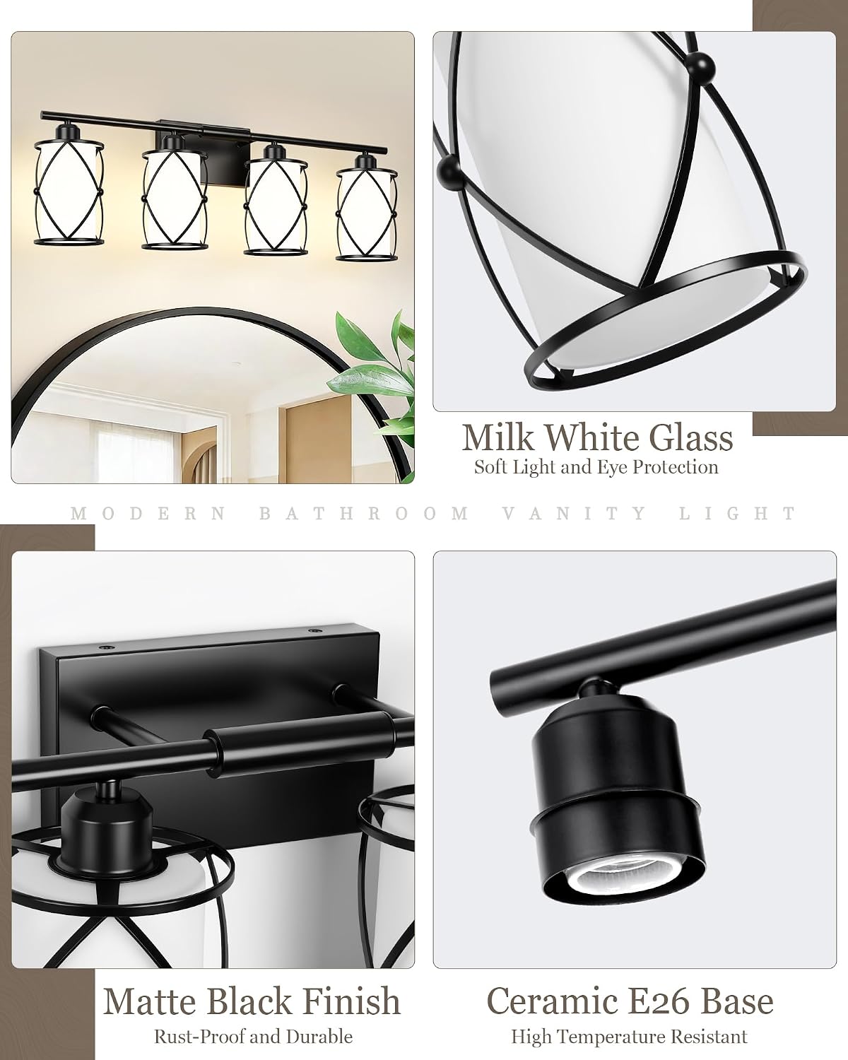 4-Light Black Bathroom Light Fixtures with Milk White Frosted Glass, 29' Modern Bathroom Vanity Lighting Fixtures Over Mirror with Metal Cage, Wall Sconce Lights for Bath, E26, CH9176BKW-4W