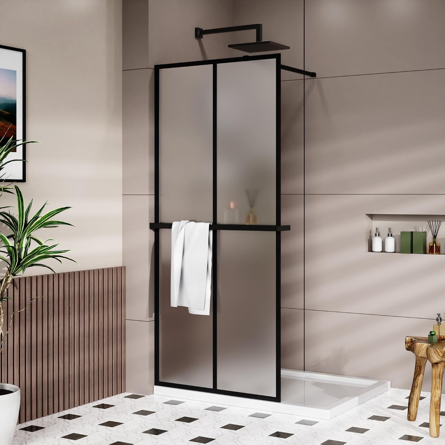 Goodyo 34' x 72' Shower Door Tempered Glass Shower Screen with Tool Bar Towel Rack for Walk in Bathroom