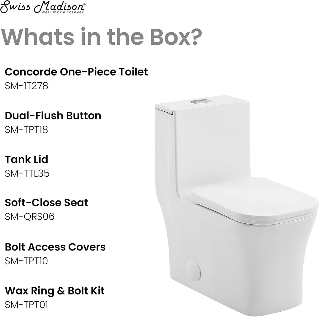 Swiss Madison SM-1T278, Concorde One Piece Square Toilet Dual Flush 1.1/1.6 gpf with 10' Rough In