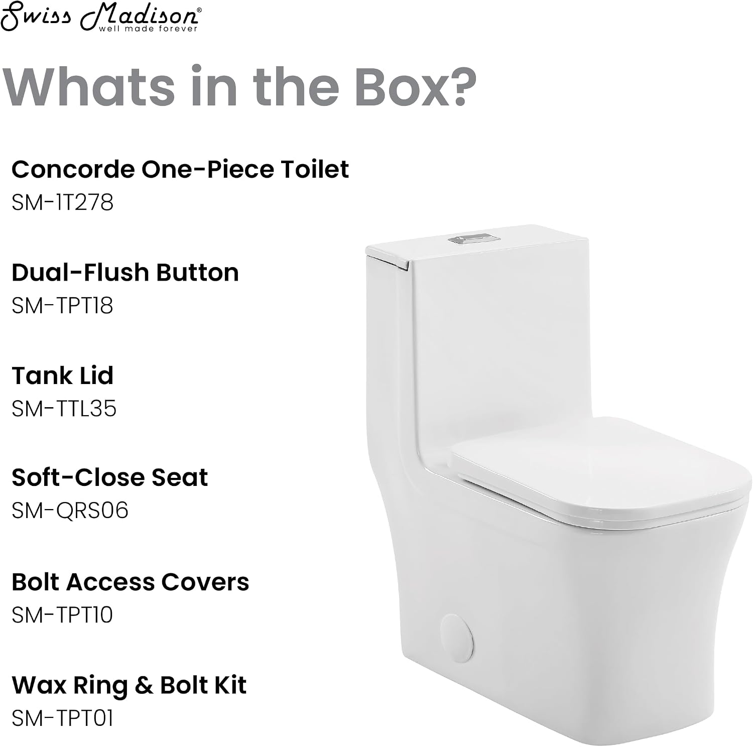Swiss Madison SM-1T278, Concorde One Piece Square Toilet Dual Flush 1.1/1.6 gpf with 10' Rough In