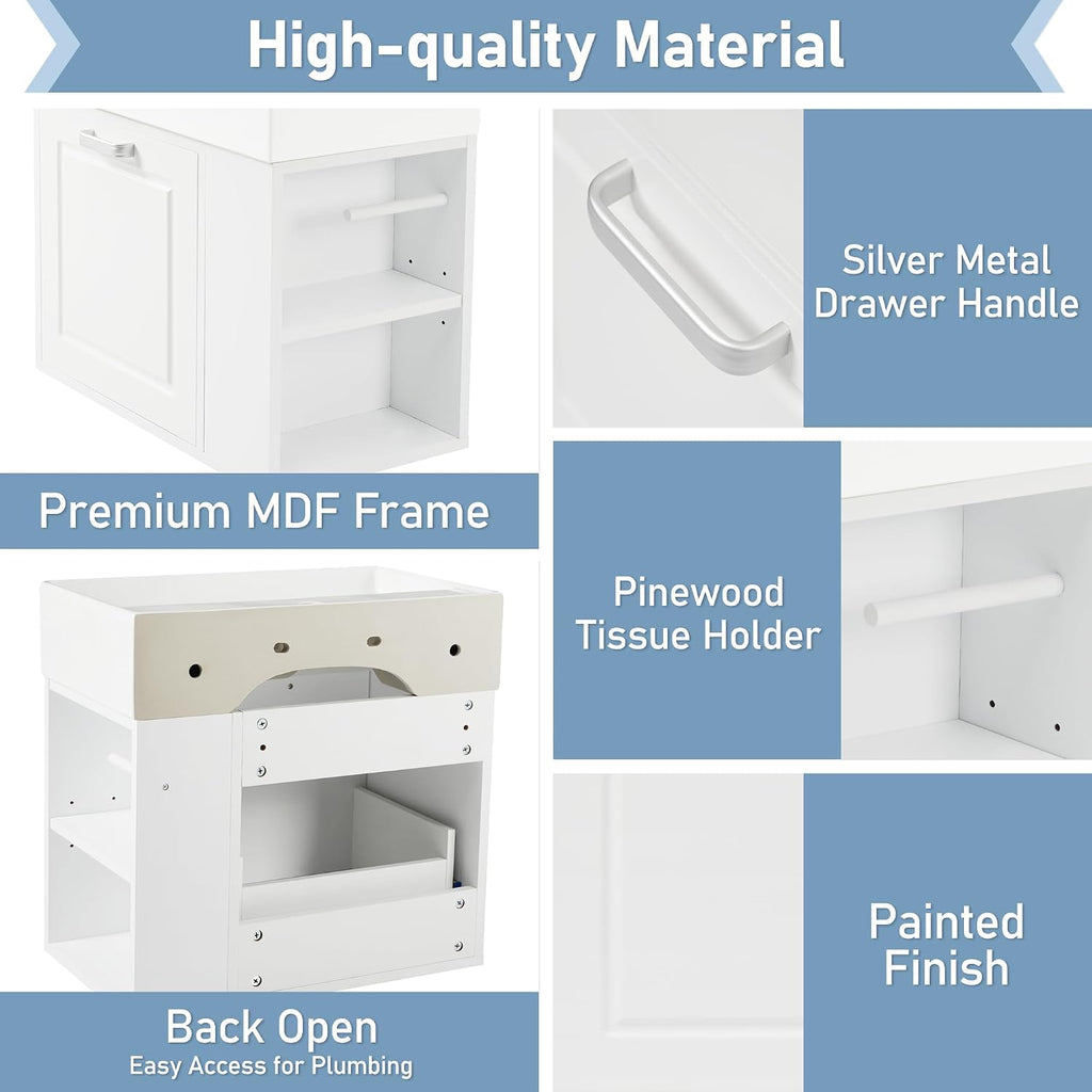 21.8-inch Bathroom Vanity with Sink, Wall-Mounted Single Storage Cabinet with One Big Drawer & Left Two-Tier Shelf, Solid Wood Vanity Organizer with Ceramic Sink for Bathroom, White