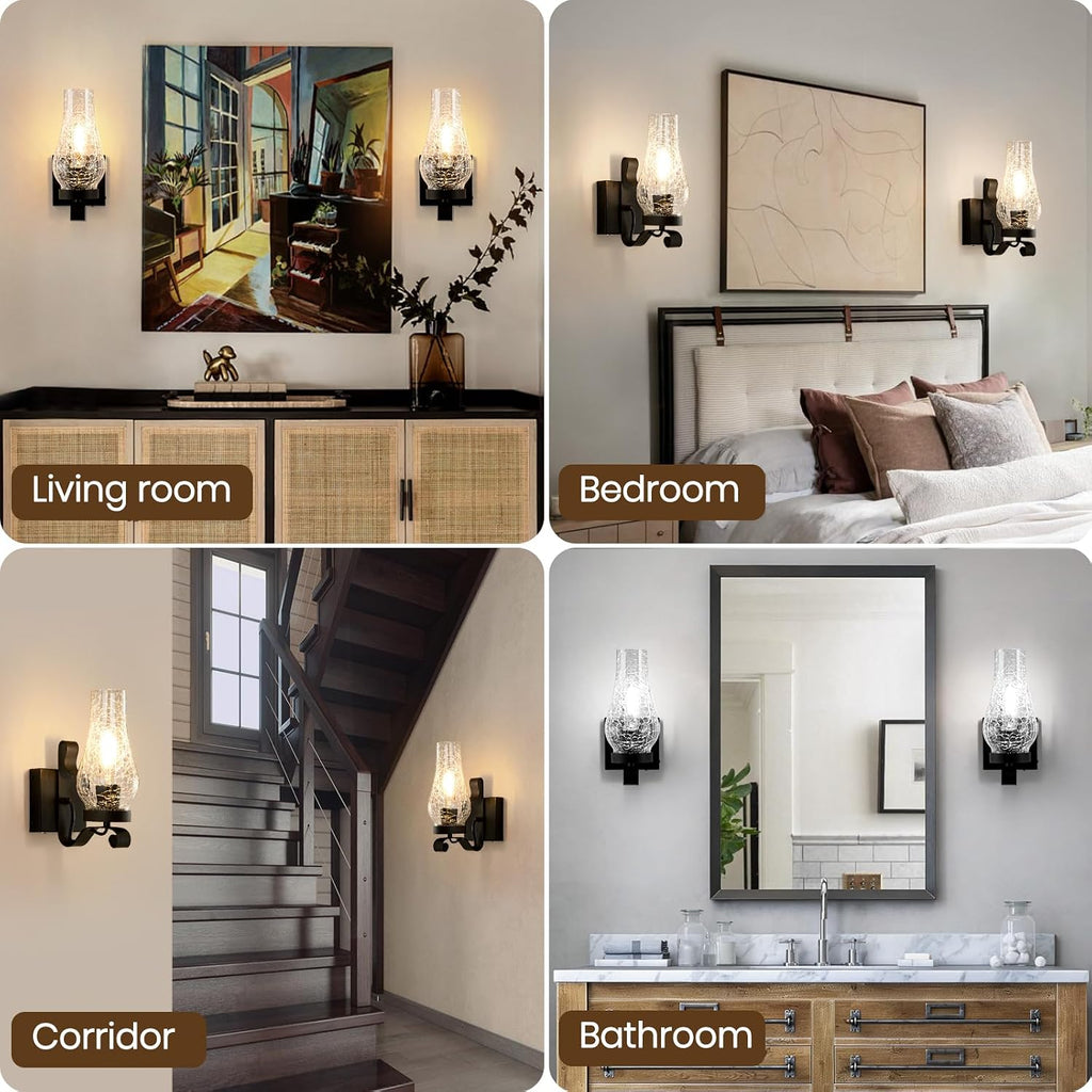 Battery Operated Wall Sconces, Ice Crackle Glass Lampshade Rustic Wall Lights, Non-Hardwired Antique Kerosene Wall Lamps, Vintage Bedside Black Wall Sconces Sets of 2 for Bedroom, Hallway etc