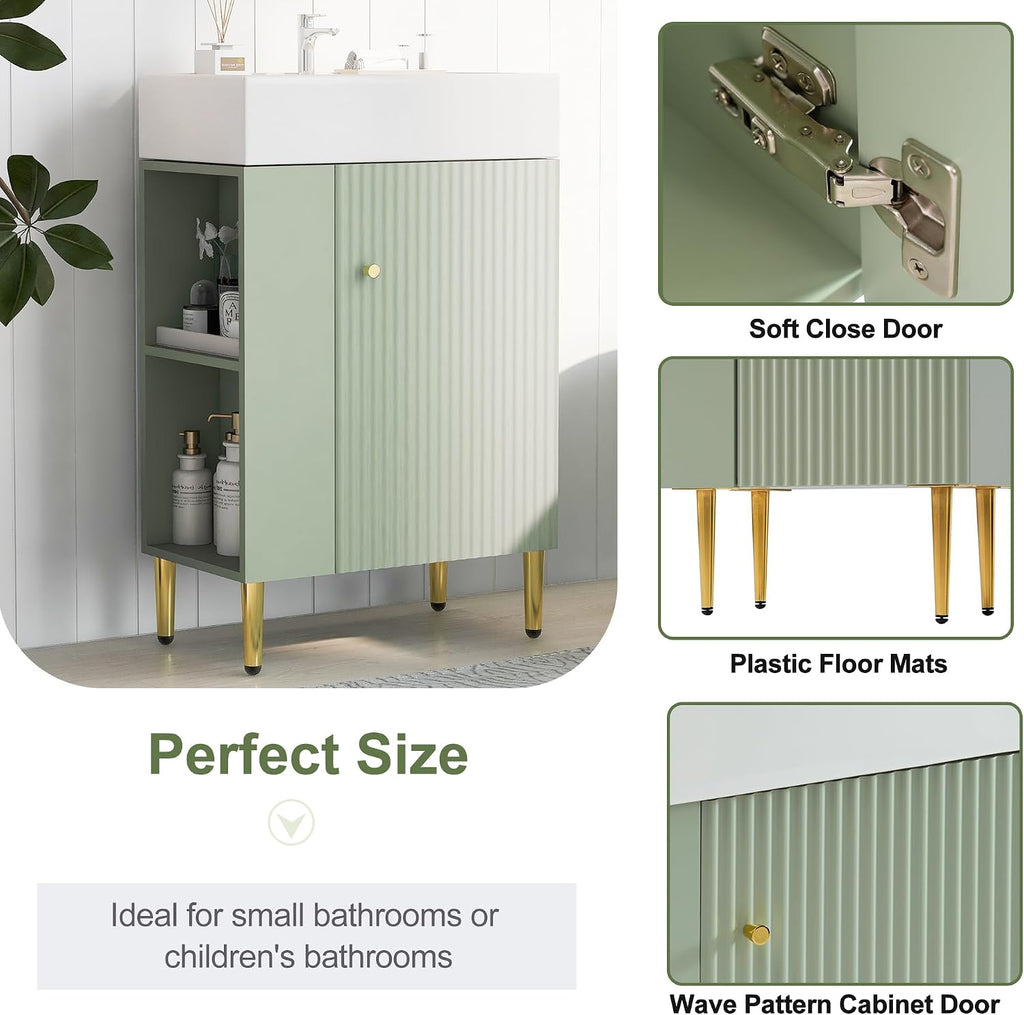 Merax 21.6' Bathroom Vanity, 21.6 Inch Freestanding Bathroom Vanity with Sink, Modern Vanity Floor Standing with 1 Door and White Ceramic Basin Sink Top, Green