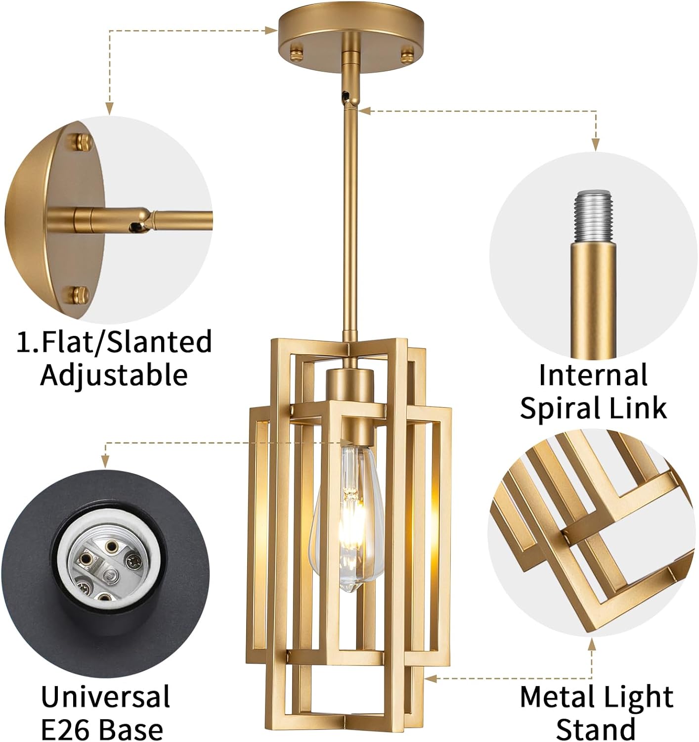 Modern Pendant Light Fixtures 2 Pack 1 Light, Gold Finish Cage Farmhouse Pendant Lights with Max 59'' Adjustable, Small Square Pendant Ceiling Hanging Light for Kitchen Island Dining Room Entryway