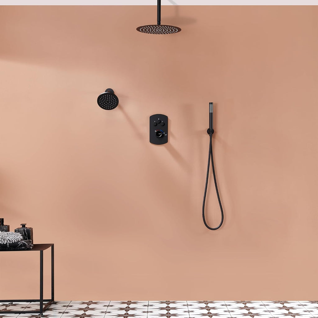 MONDAWE 12 Inch Ceiling Mounted Black Shower System, Dual Rainfall Shower Head & High Pressure Handheld Spray Combo, 3-Function Luxury Shower Faucet Set for Bathroom, All Functions Work Simultaneously