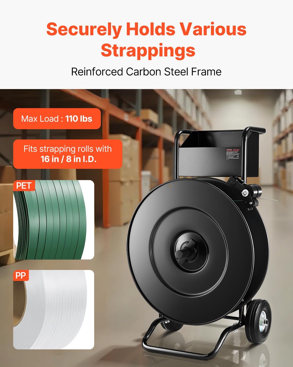 VEVOR Banding Strapping Cart, for PET/PP Coils with 8' or 16' Core, Heavy Duty Strapping Dispenser with Upgrade Drum Brake System, Rubber Wheels and Built-in Spacious Tool Tray, 110 lbs Capacity