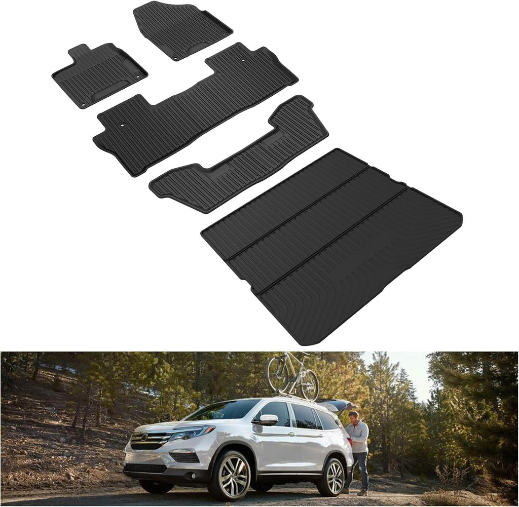 KIWI MASTER Floor Mats & Cargo Mat for 2016-2022 Honda Pilot, OEM Replacement 08P17-TG7-300 08U45-TG7-100, All Weather Car Mats, Custom Fit TPE Floor Liners, Front & Rear & Trunk Mat Set, Black