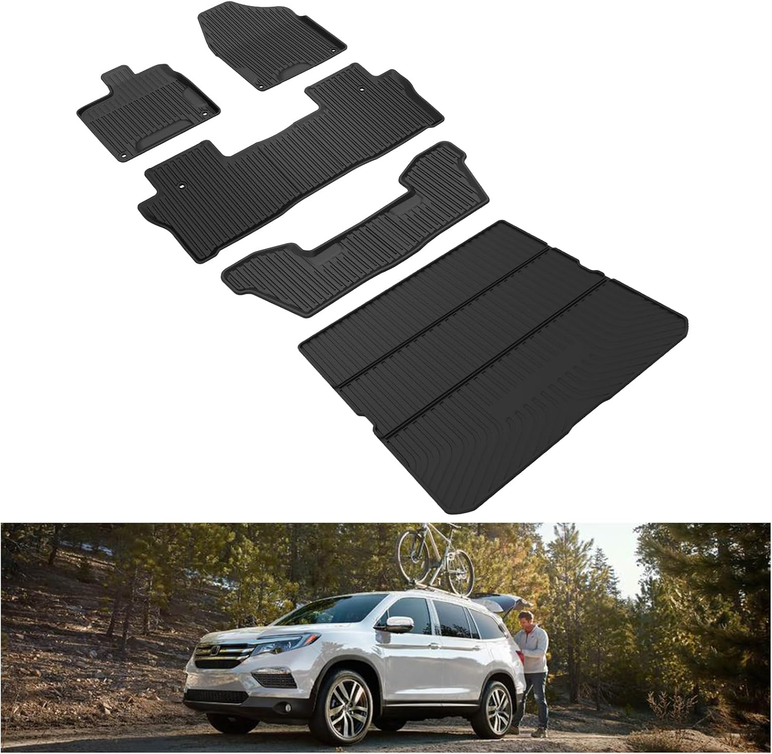 KIWI MASTER Floor Mats & Cargo Mat for 2016-2022 Honda Pilot, OEM Replacement 08P17-TG7-300 08U45-TG7-100, All Weather Car Mats, Custom Fit TPE Floor Liners, Front & Rear & Trunk Mat Set, Black